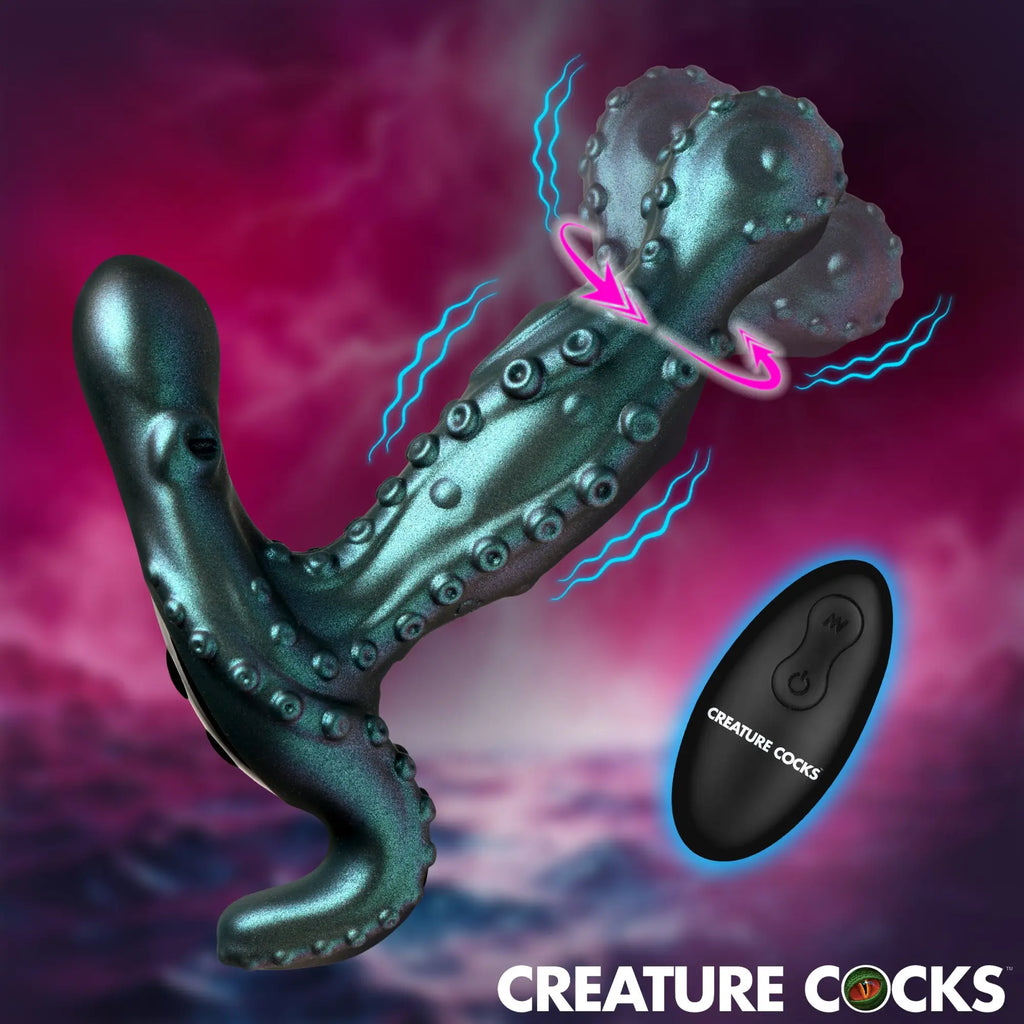 Creature Cocks Octoprobe: Metallic green, tentacle-shaped prostate vibrator with suction cups and a black remote control.