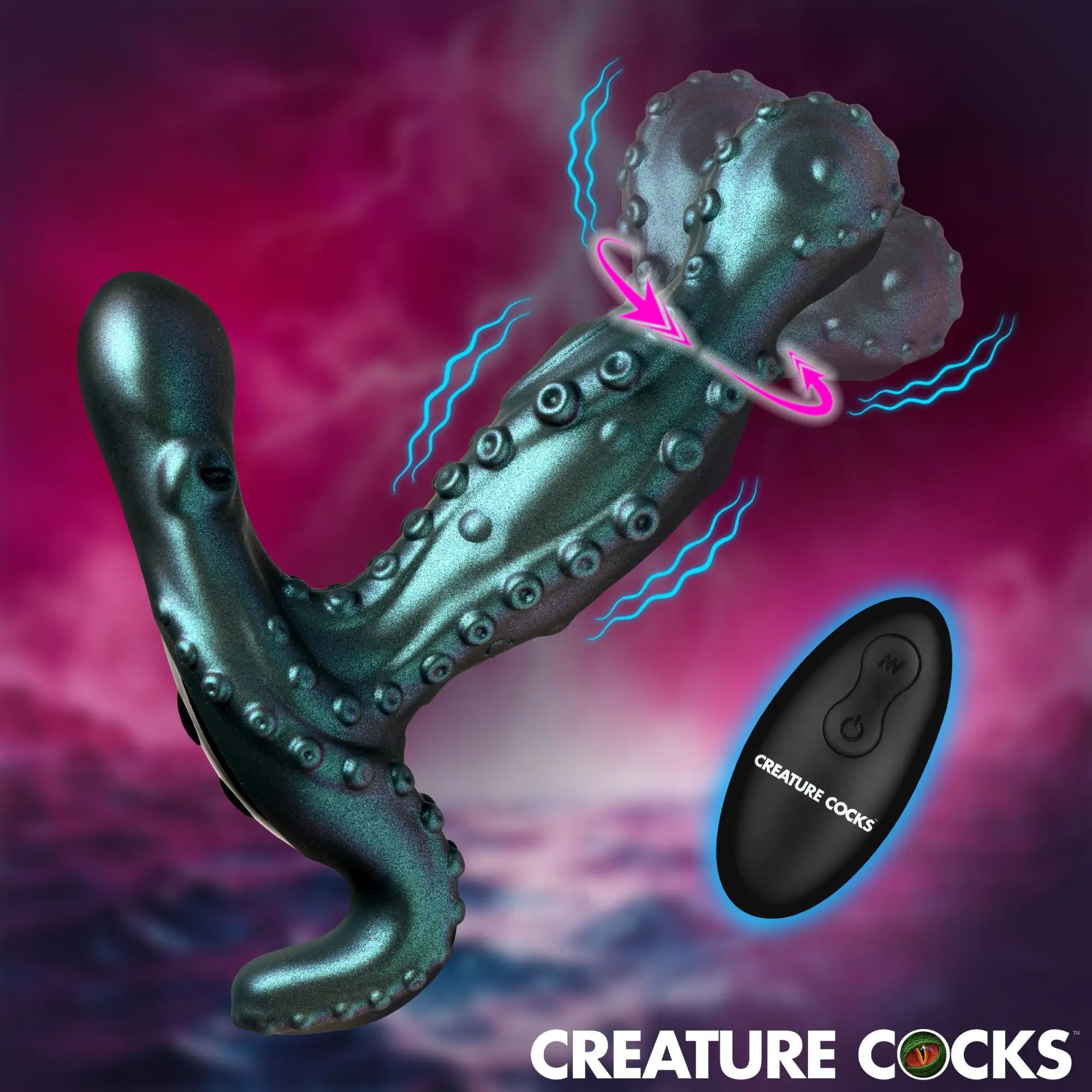 Creature Cocks Octoprobe: Metallic green, tentacle-shaped prostate vibrator with suction cups and a black remote control.