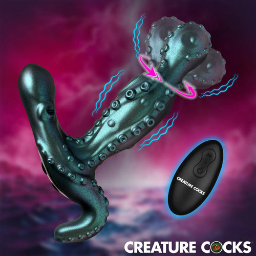 Creature Cocks Octoprobe: Metallic green, tentacle-shaped prostate vibrator with suction cups and a black remote control.
