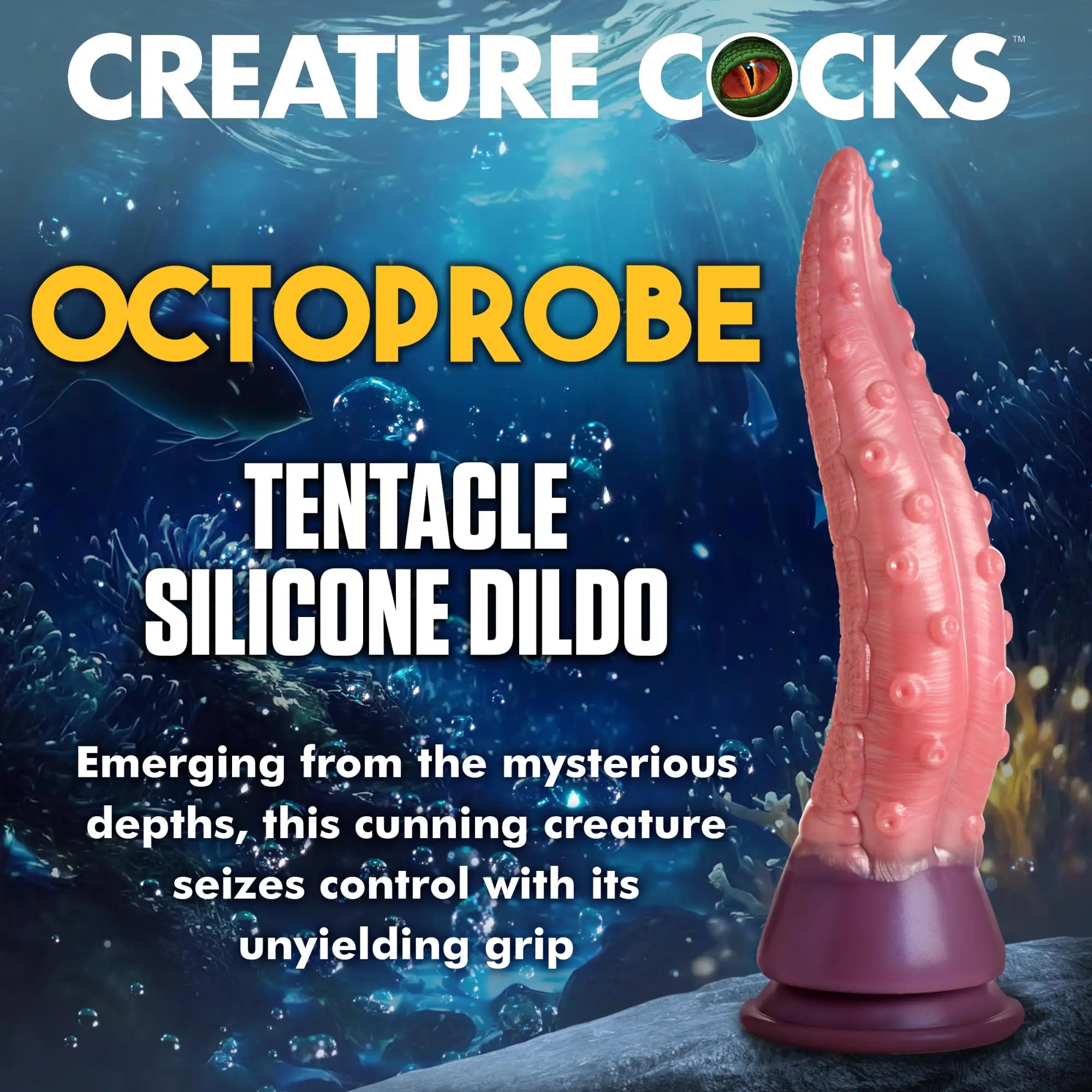 Creature Cocks Octoprobe: A textured pink tentacle dildo with a purple suction-cup base, set against an ocean backdrop.