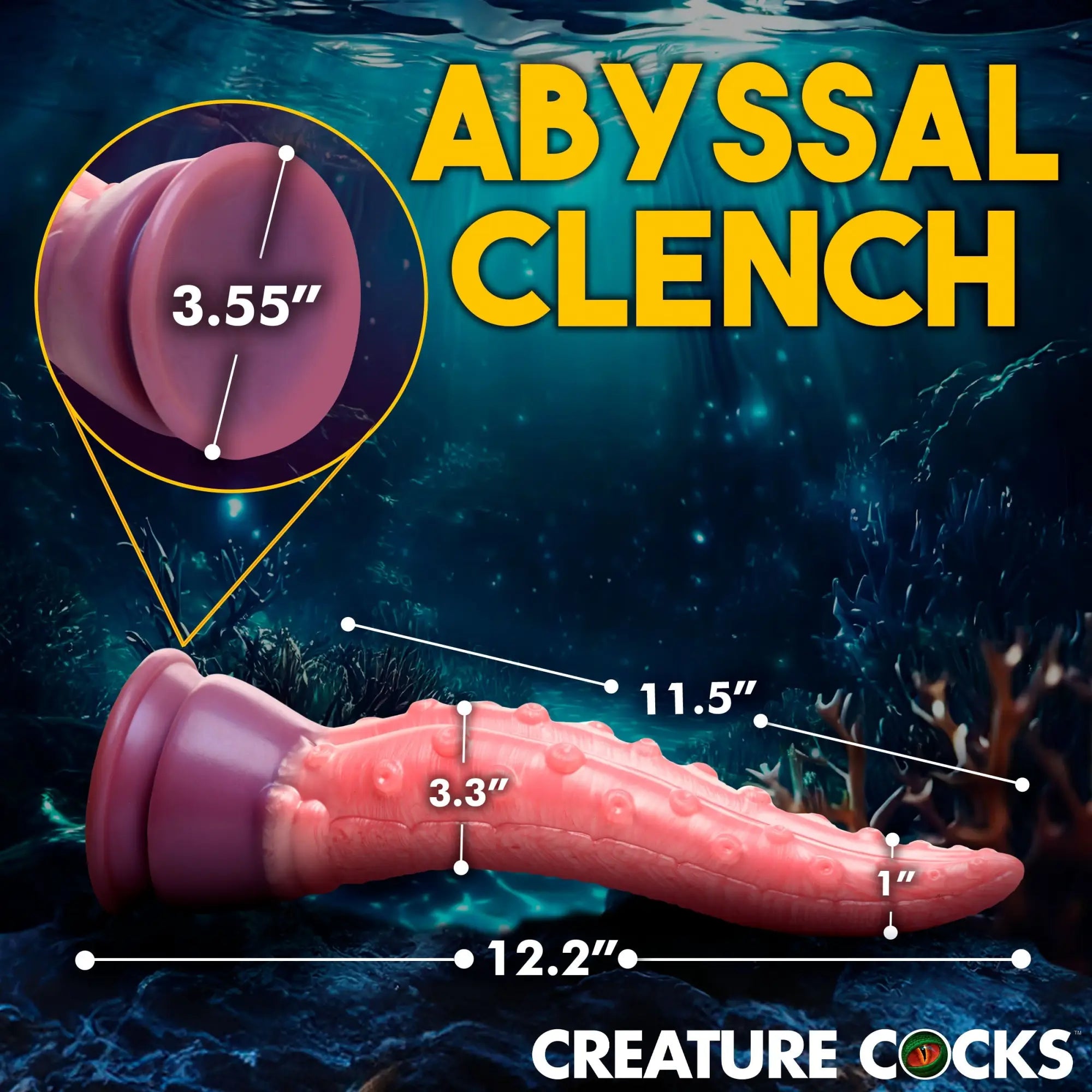 Creature Cocks Octoprobe tentacle dildo in pink silicone, shown with dimensions against an underwater background.