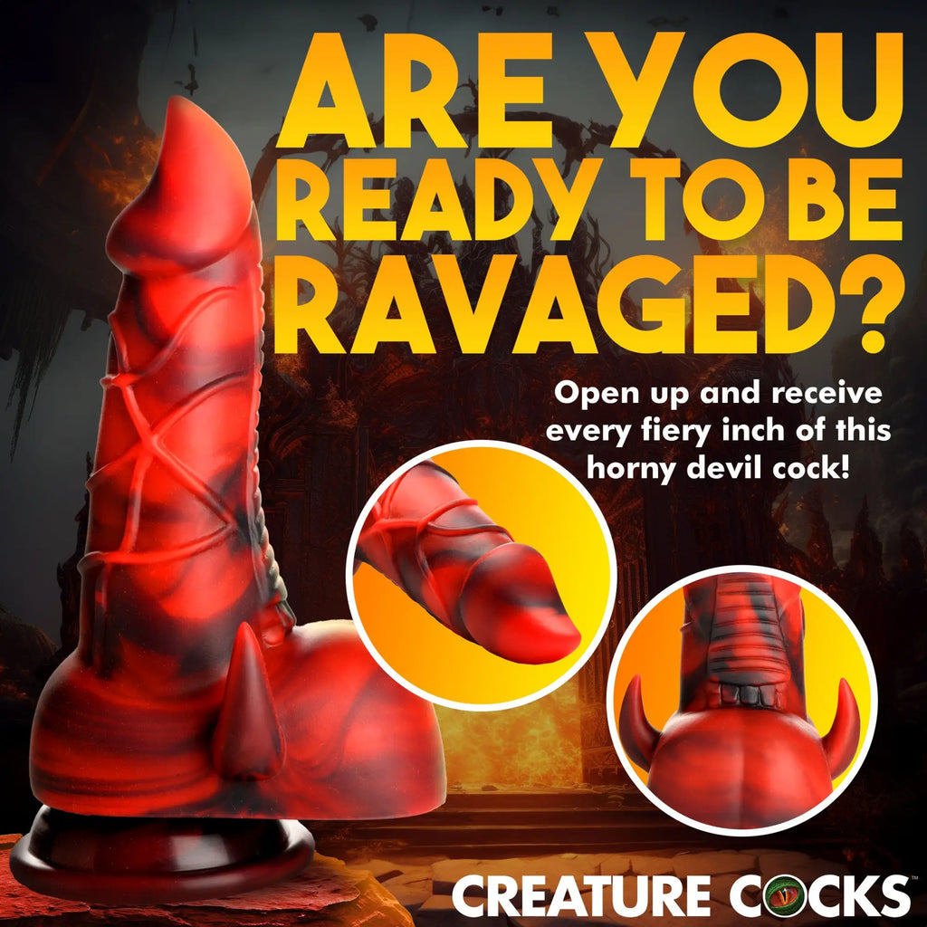 Creature Cocks red and black marbled silicone demon dildo with devil horns and textured details on a suction base.