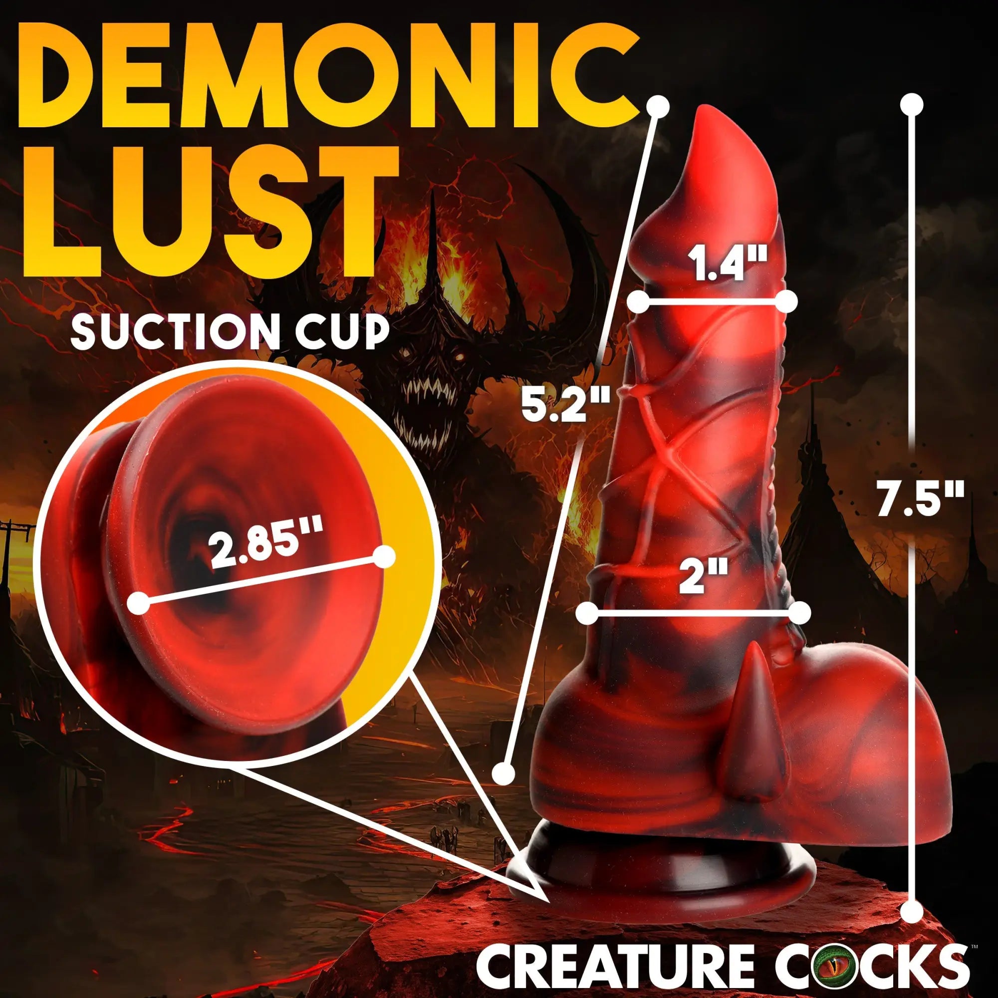 Creature Cocks red and black marbled silicone devil dildo with suction cup base, featuring product dimensions.