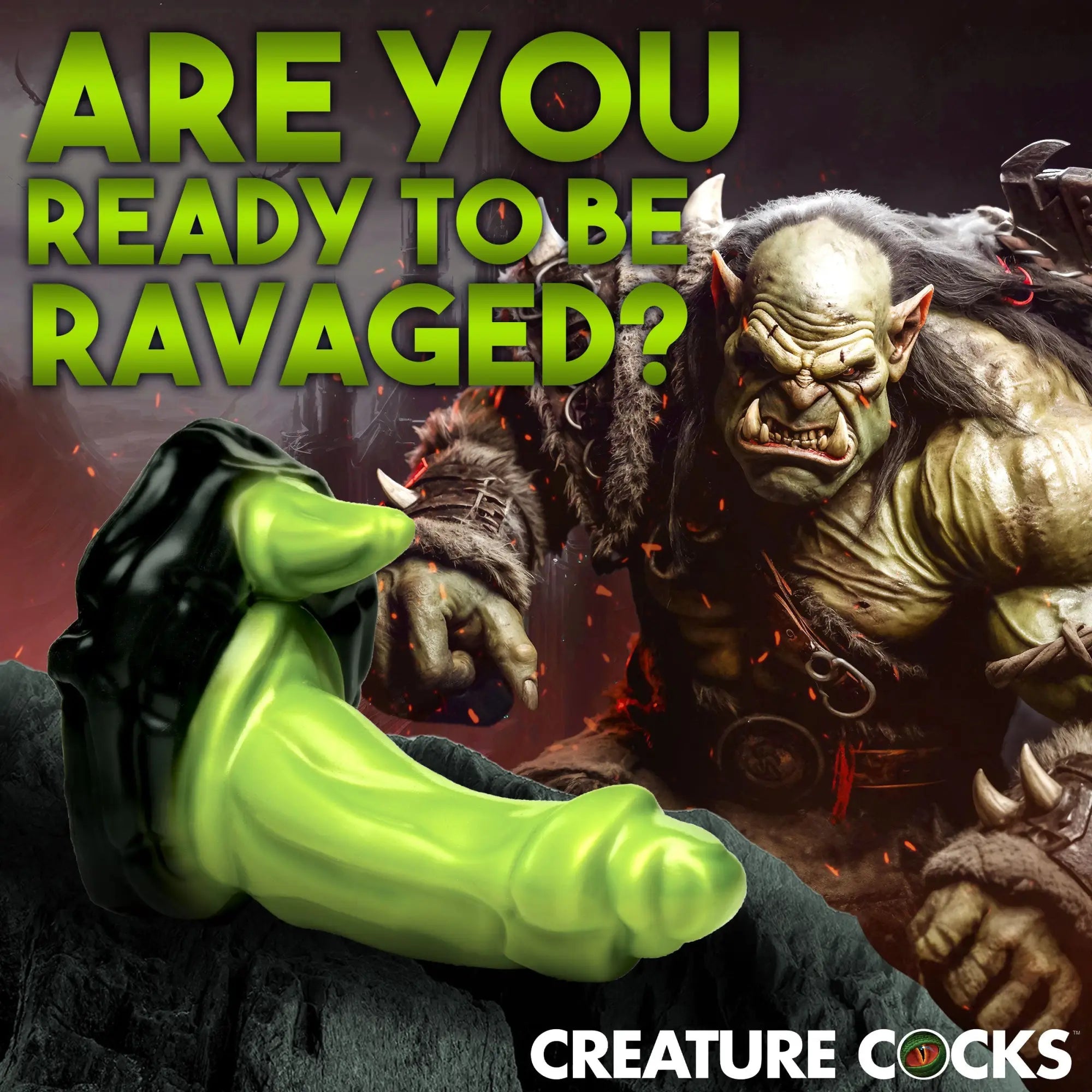 Creature Cocks Orc silicone dildo: A green and black fantasy-style dildo displayed in front of an aggressive Orc warrior.