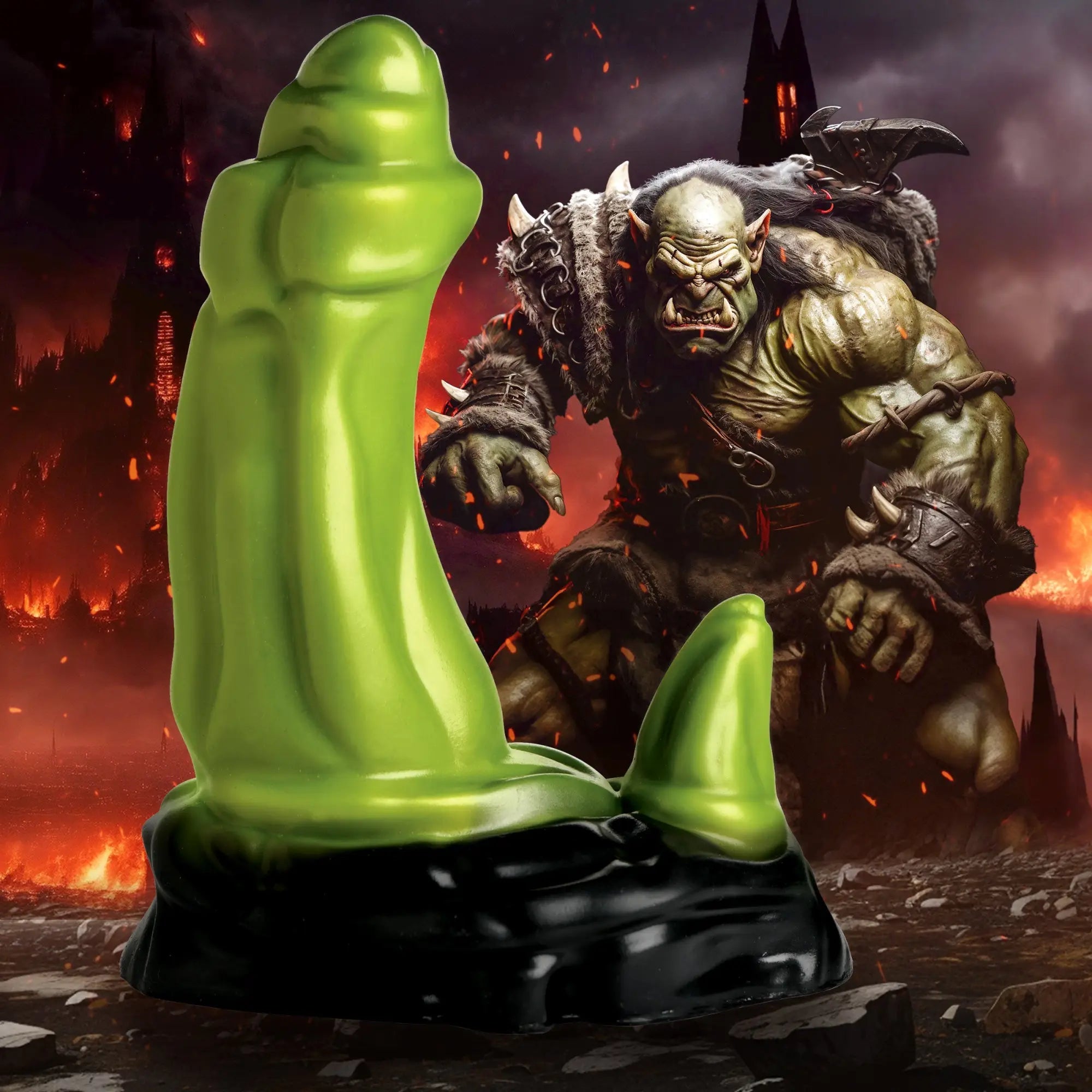 Creature Cocks lime green silicone Orc dildo with a black base, set against a fantasy battle background.