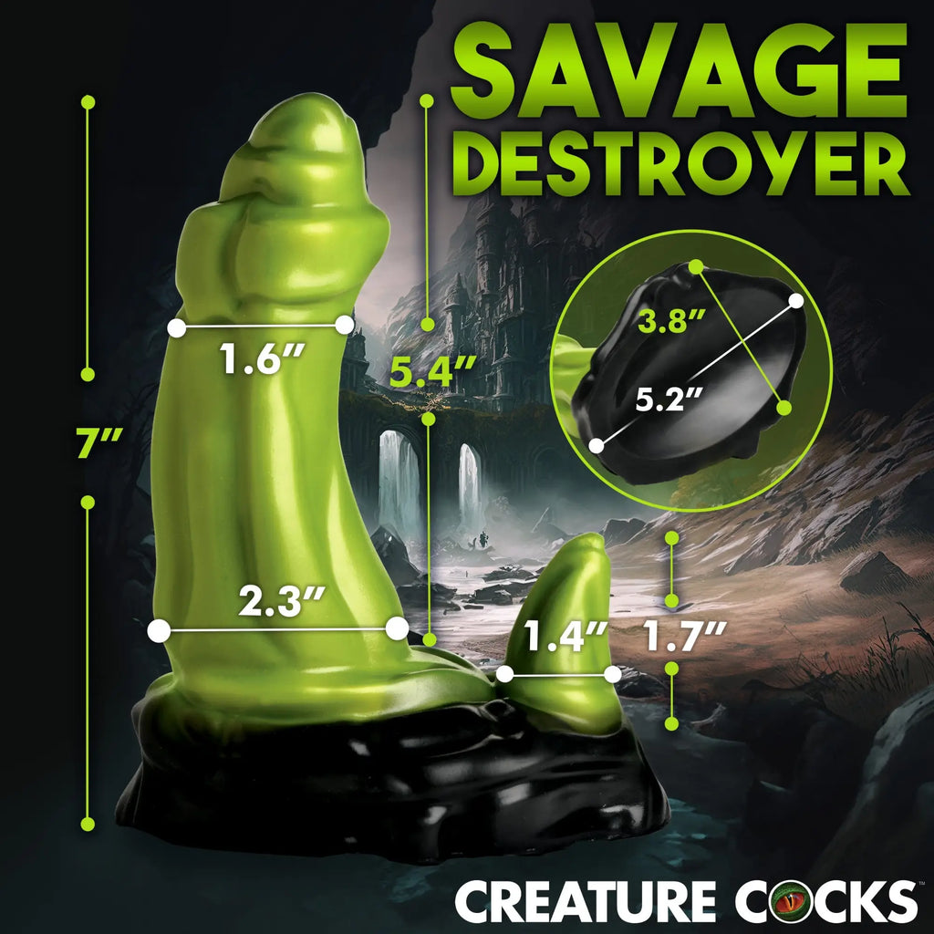 Creature Cocks Orc silicone dildo in lime green and black, showing detailed dimensions and a fantasy-themed background.