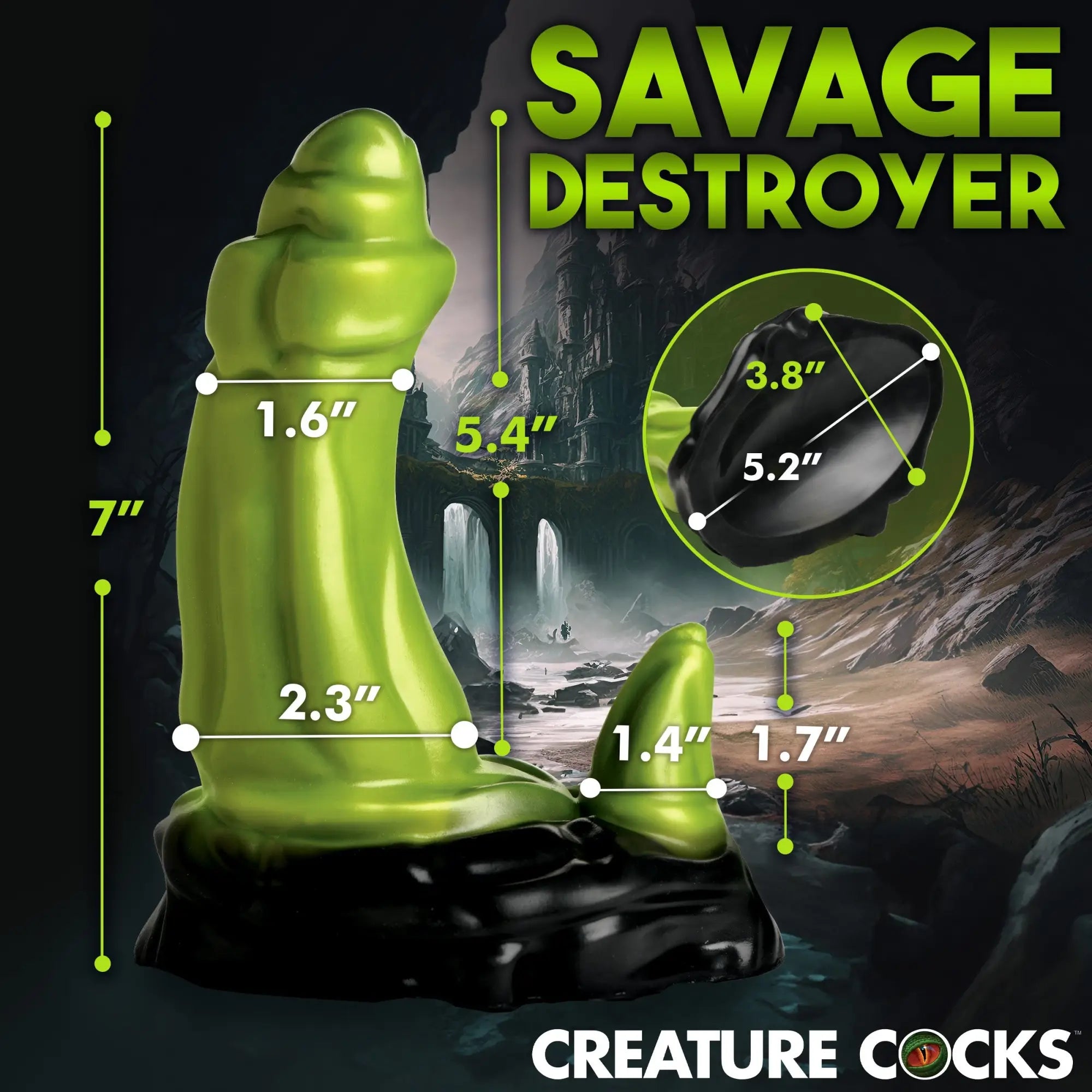Creature Cocks Orc silicone dildo in lime green and black, showing detailed dimensions and a fantasy-themed background.