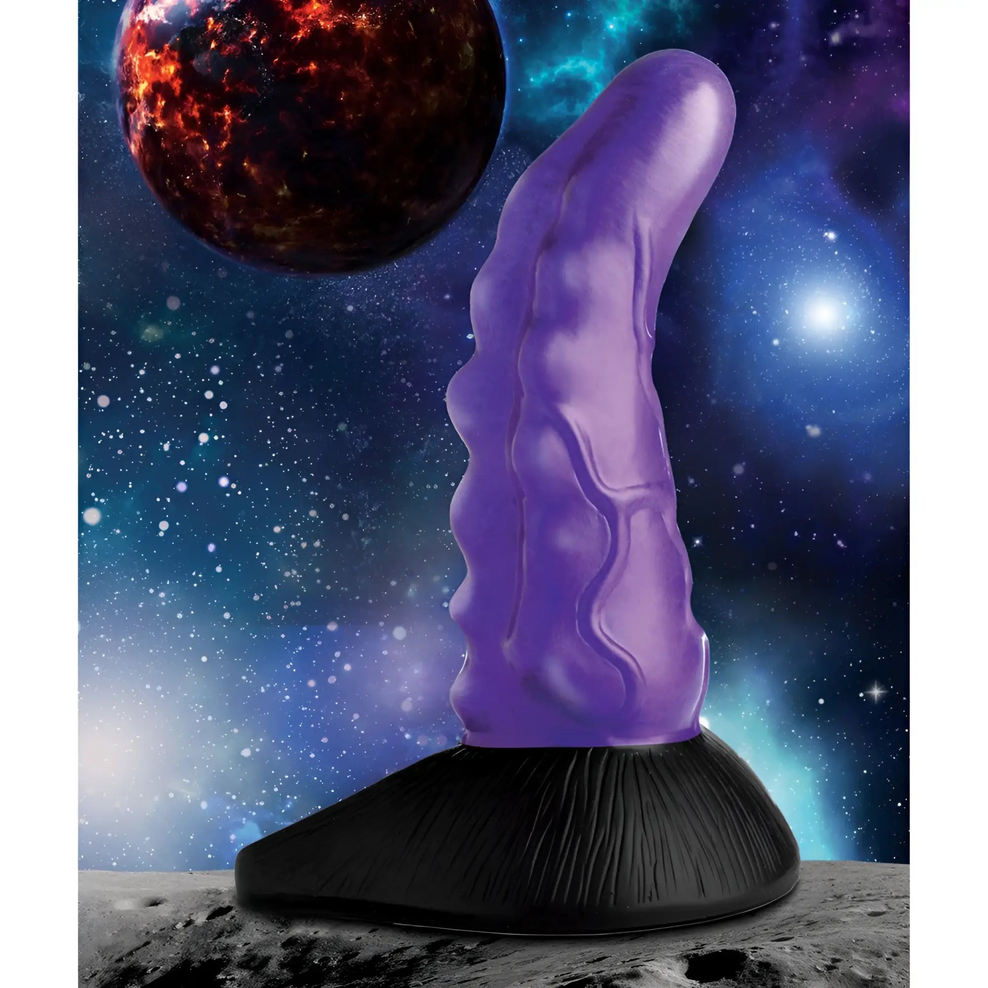 Creature Cocks Orion Invader: A purple, veiny, alien-style silicone dildo with a black base against a space backdrop.