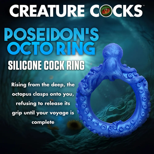 Creature Cocks Poseidon’s Octo-Ring: a blue, textured silicone cock ring shaped like an octopus encircling a band.
