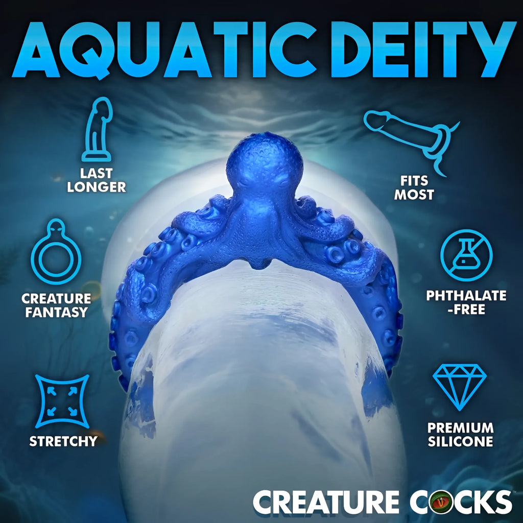 Blue Creature Cocks Poseidon's Octo-Ring silicone cock ring featuring an octopus design, surrounded by feature icons.