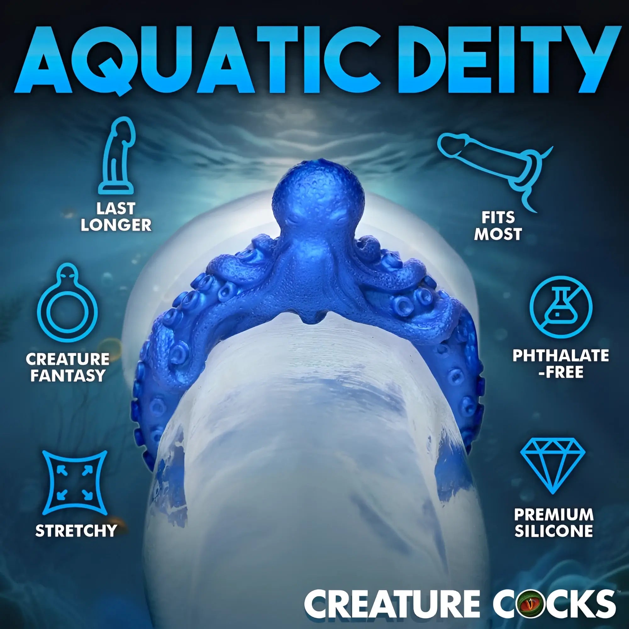 Blue Creature Cocks Poseidon's Octo-Ring silicone cock ring featuring an octopus design, surrounded by feature icons.