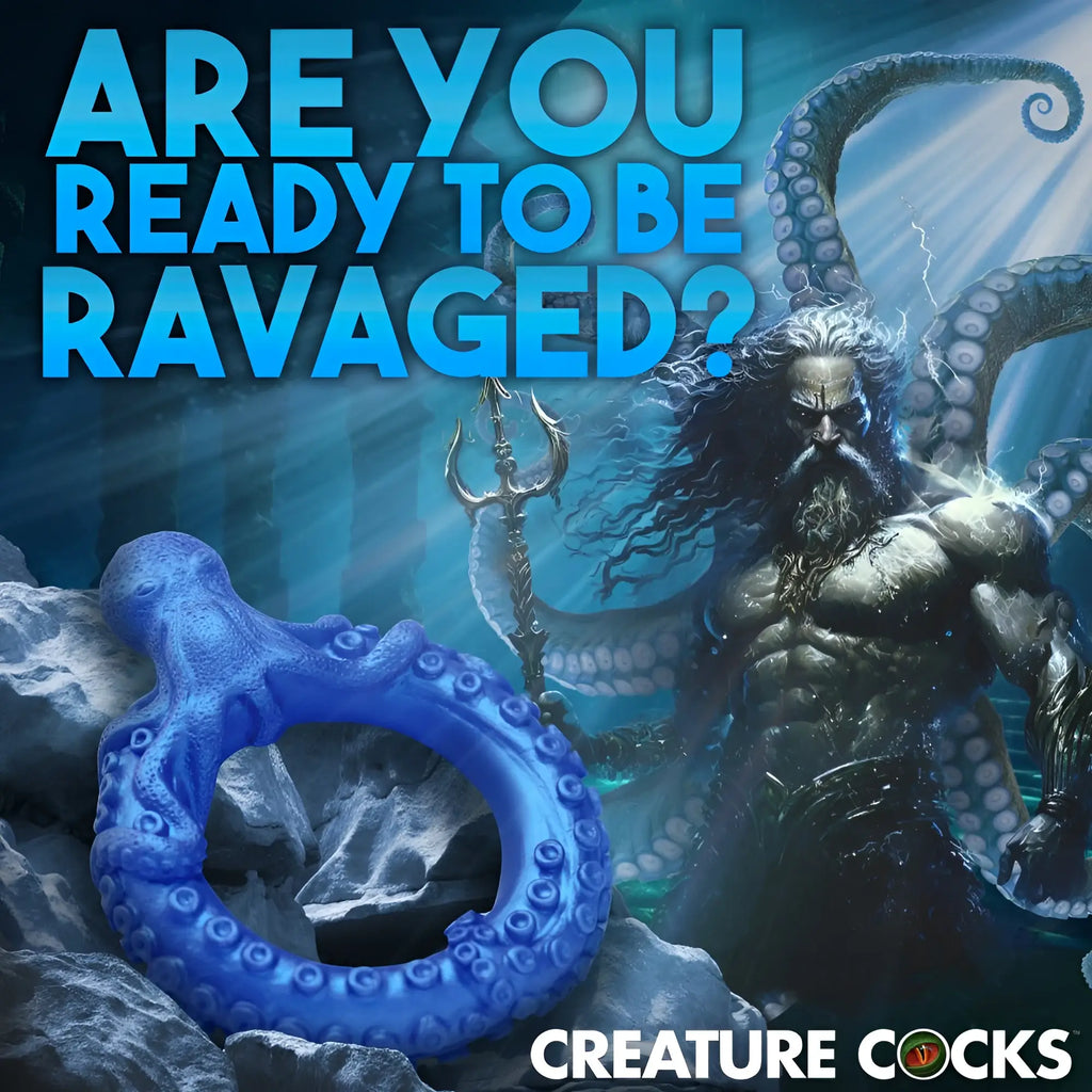 Blue Creature Cocks Poseidon's Octo-Ring silicone cock ring featuring an octopus-shaped design against a sea background.