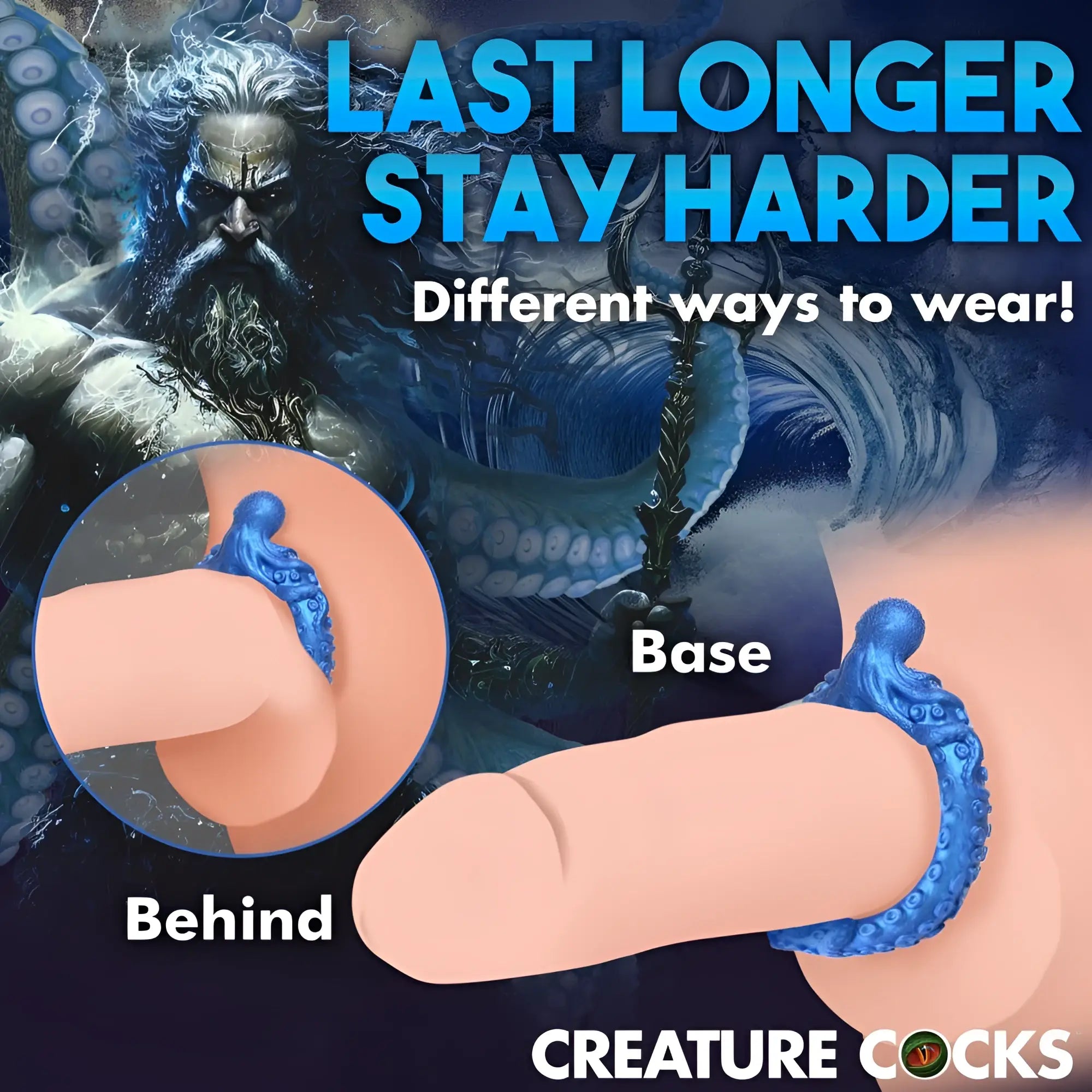 Creature Cocks Poseidon's Octo-Ring: A blue, textured, octopus-shaped silicone cock ring shown in two wearing styles.