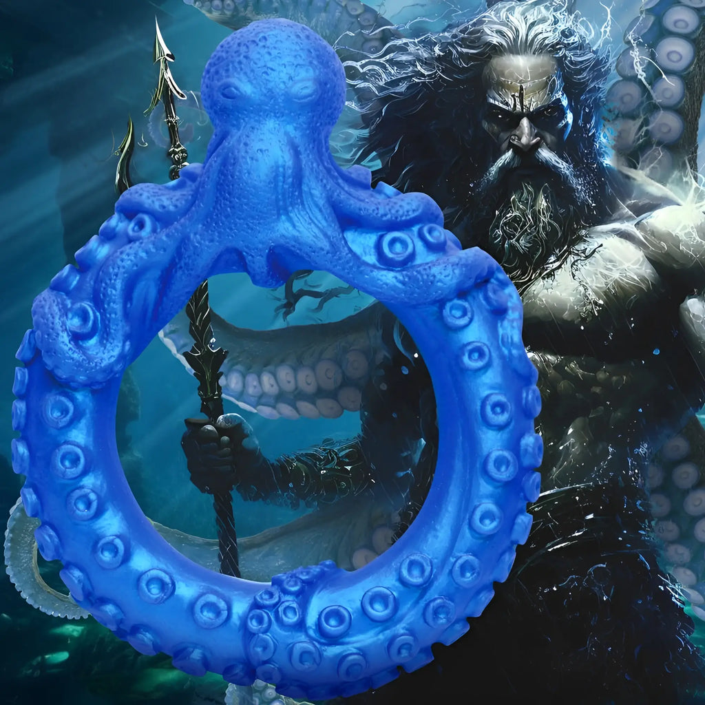 Creature Cocks Poseidon's Octo-Ring: A vibrant blue, textured silicone cock ring shaped like an octopus.