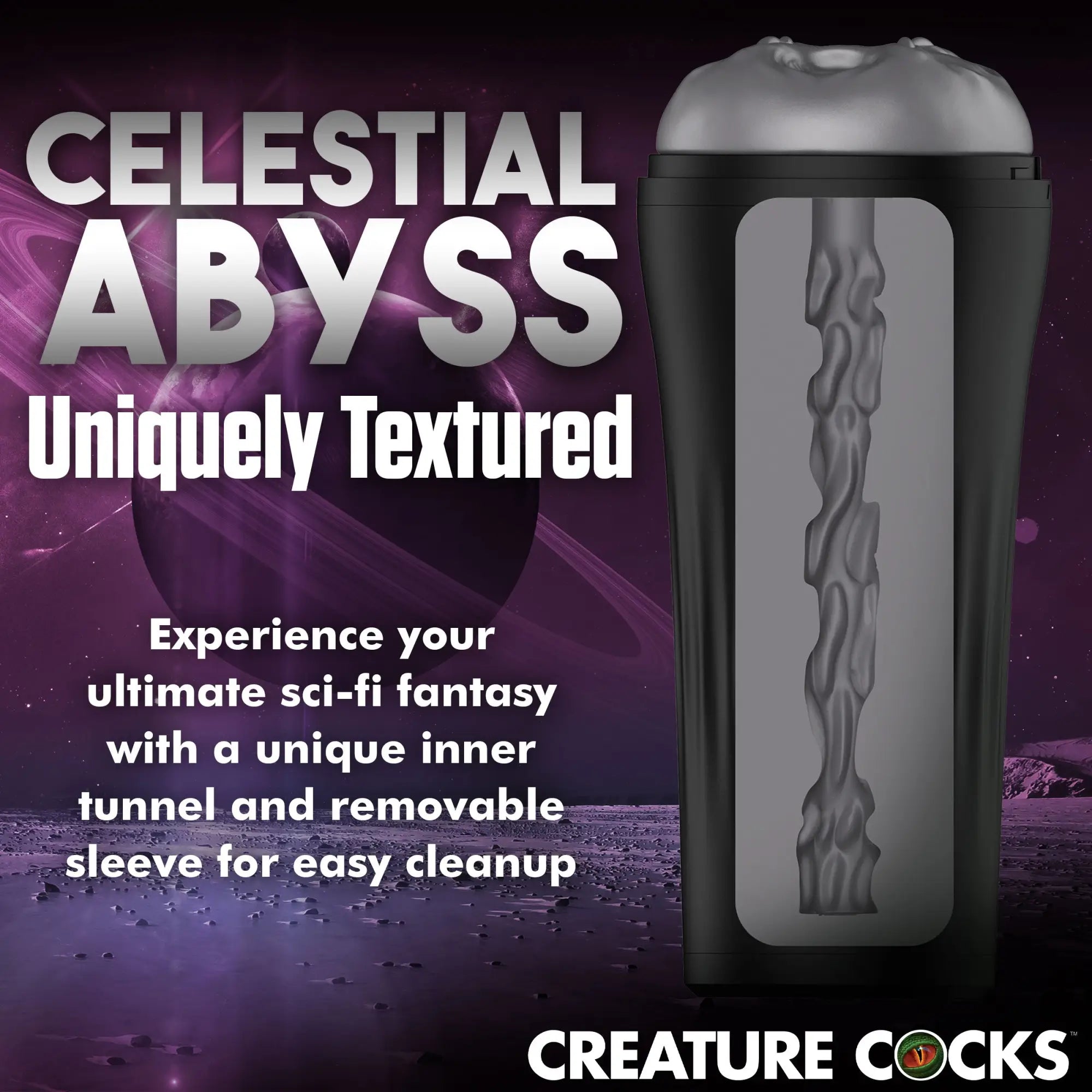Creature Cocks Predator Creature Stroker in a black case with a textured gray internal sleeve on a purple space backdrop.