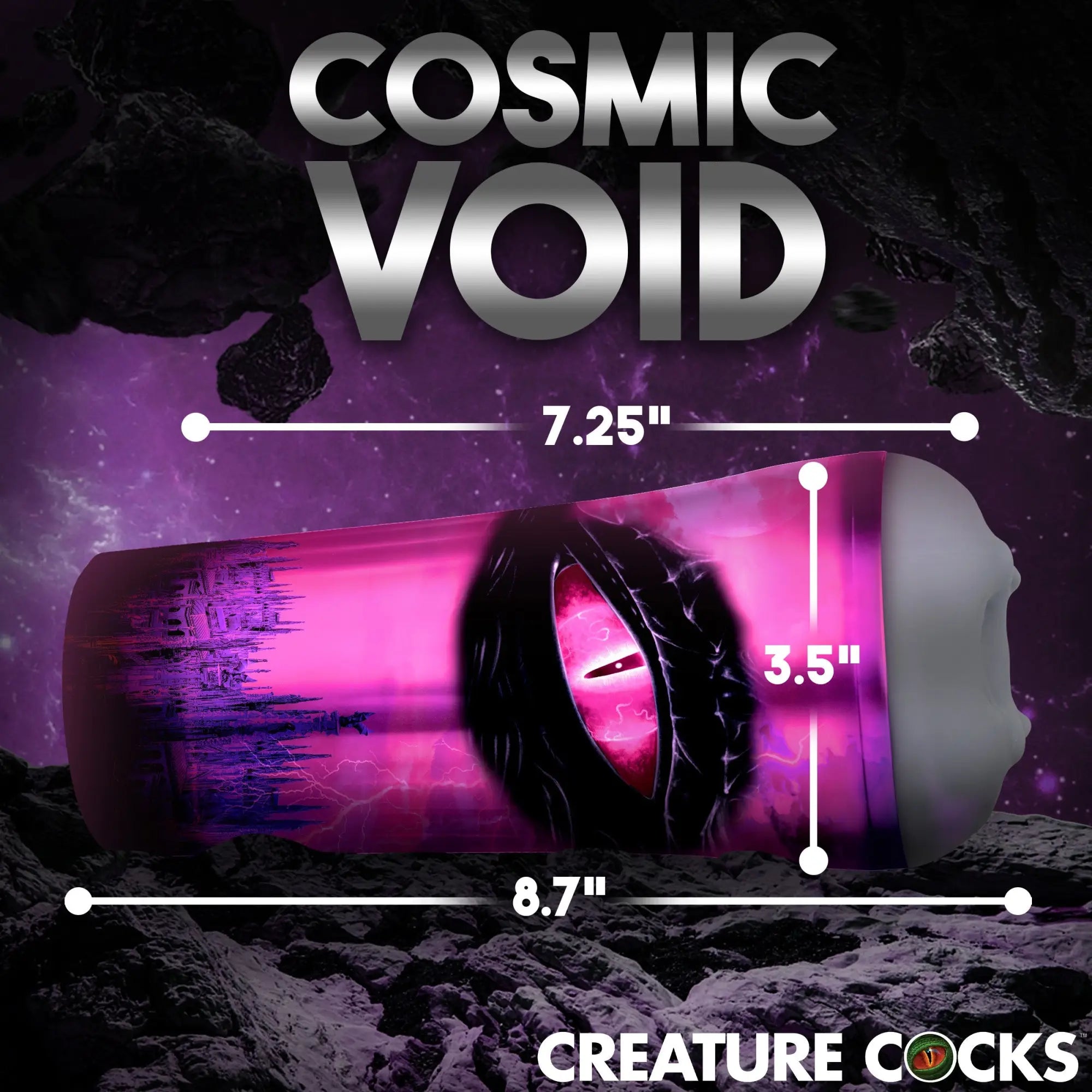 Creature Cocks Predator stroker in Cosmic Void theme. Purple/pink design with alien eye graphic and dimensions displayed.