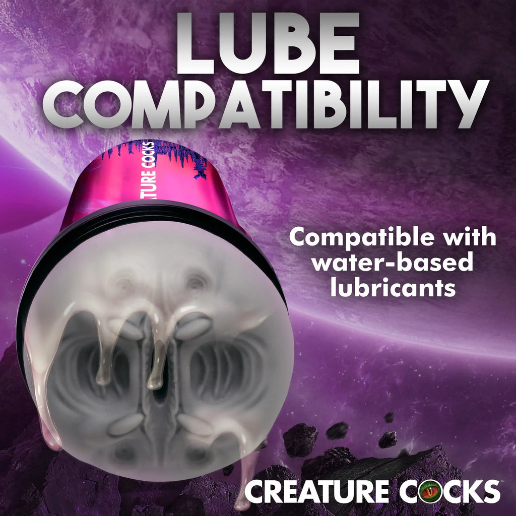 Creature Cocks Predator stroker, showing its grey textured interior, against a purple space background with text.