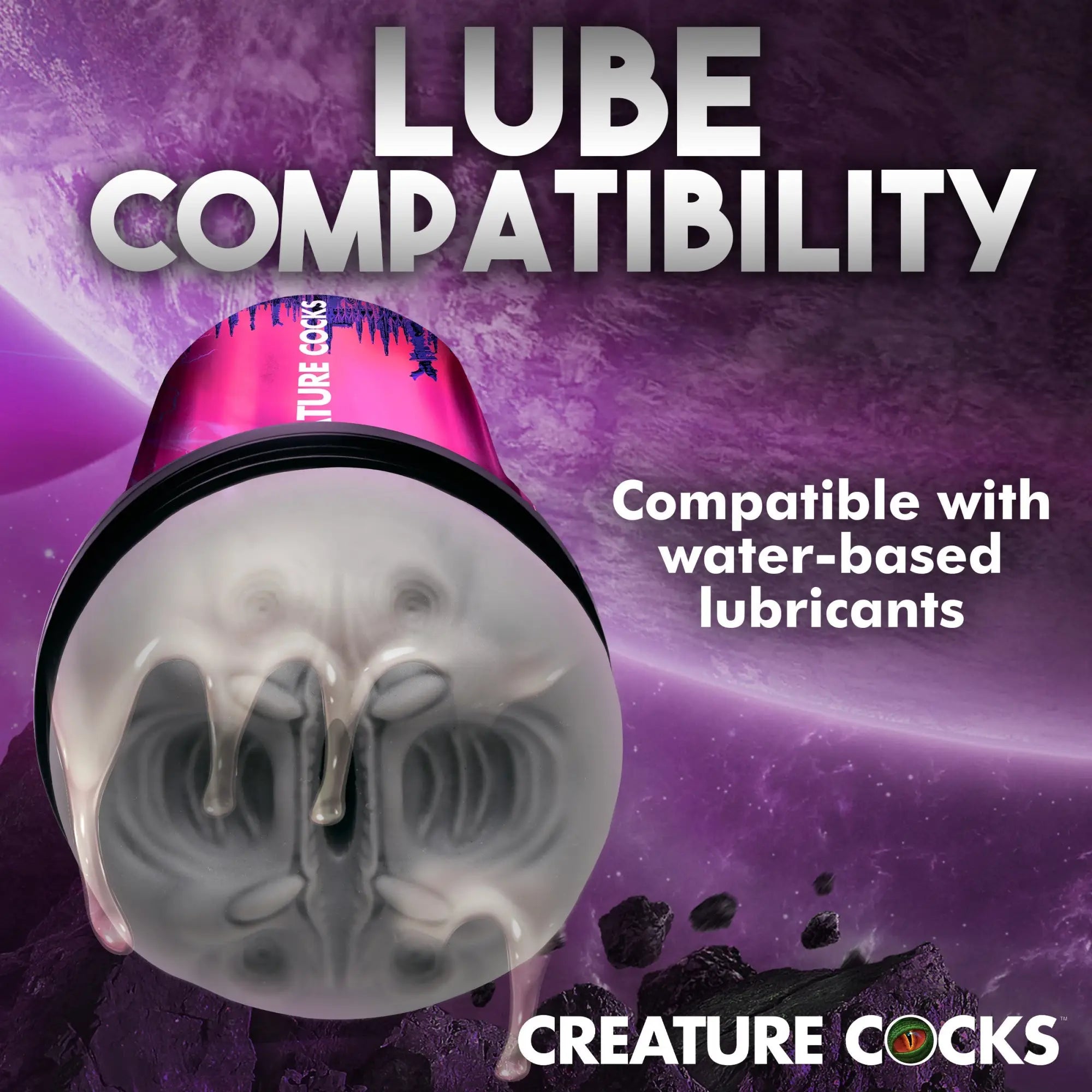 Creature Cocks Predator stroker, showing its grey textured interior, against a purple space background with text.