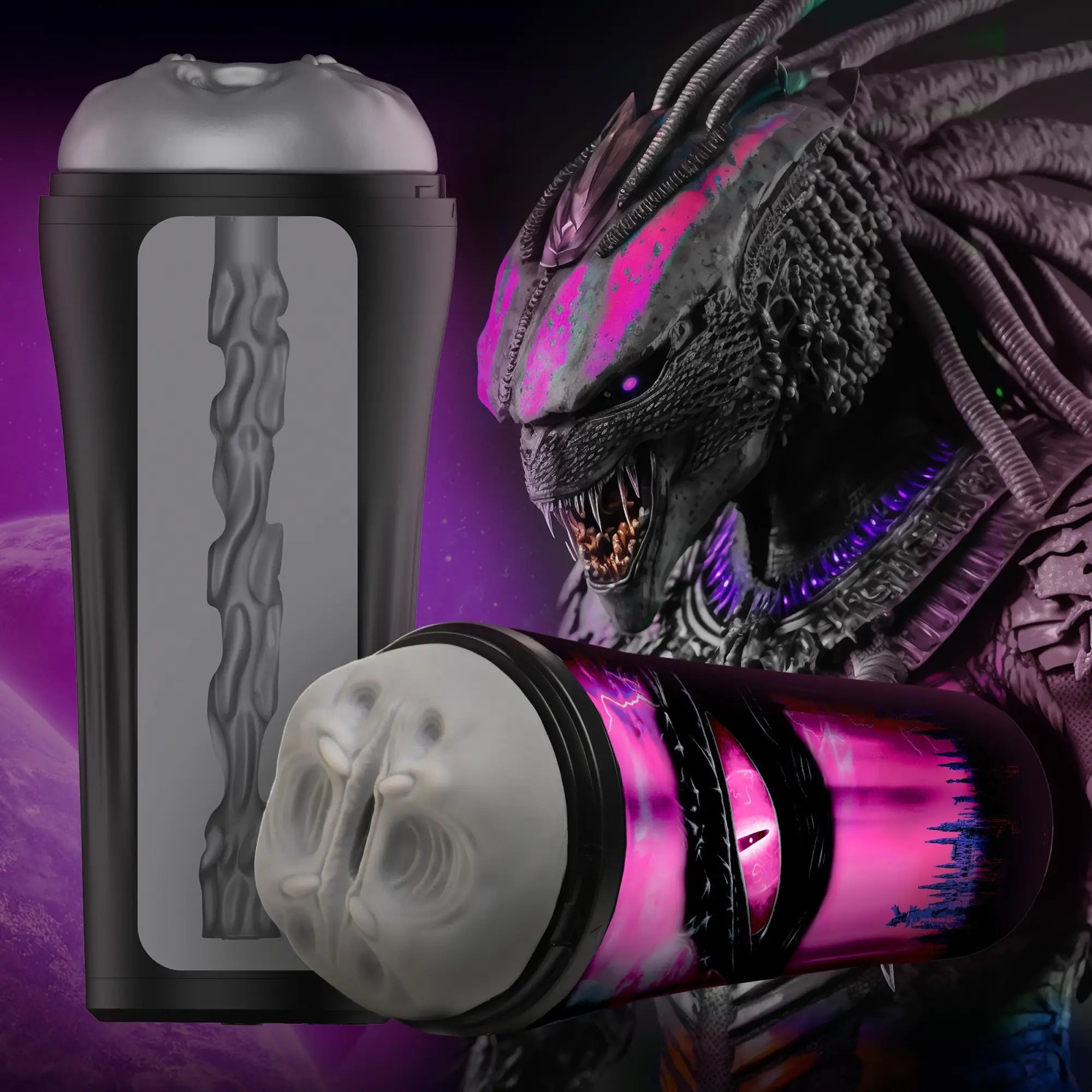 Creature Cocks Predator stroker, featuring a black and pink sci-fi design and a grey, textured internal sleeve.