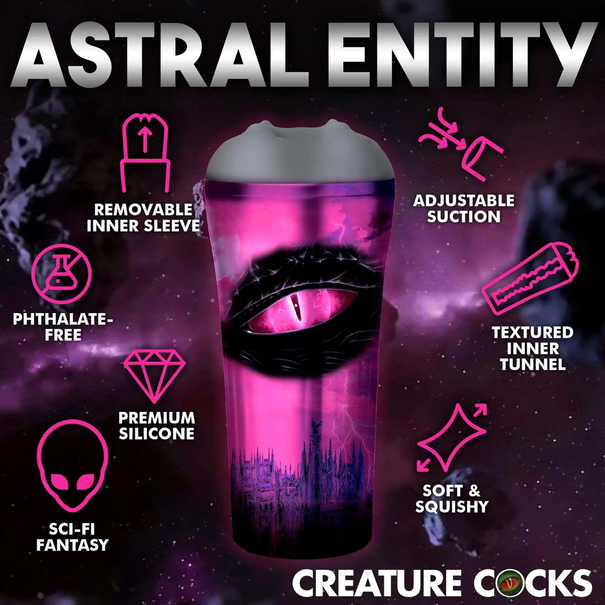 Creature Cocks Predator stroker in pink and black sci-fi design with feature icons against a dark space background.