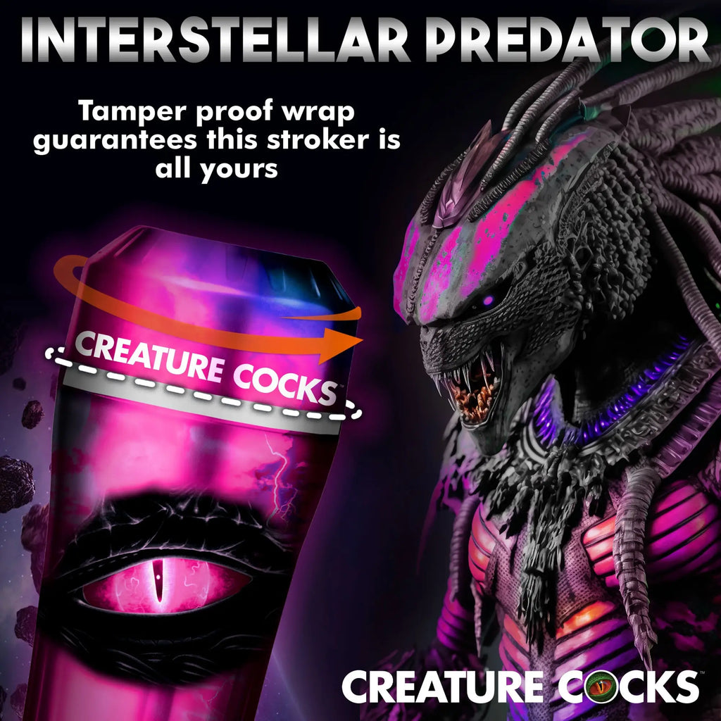 Creature Cocks Predator stroker in vibrant pink and purple, featuring alien creature art and a tamper-proof seal.
