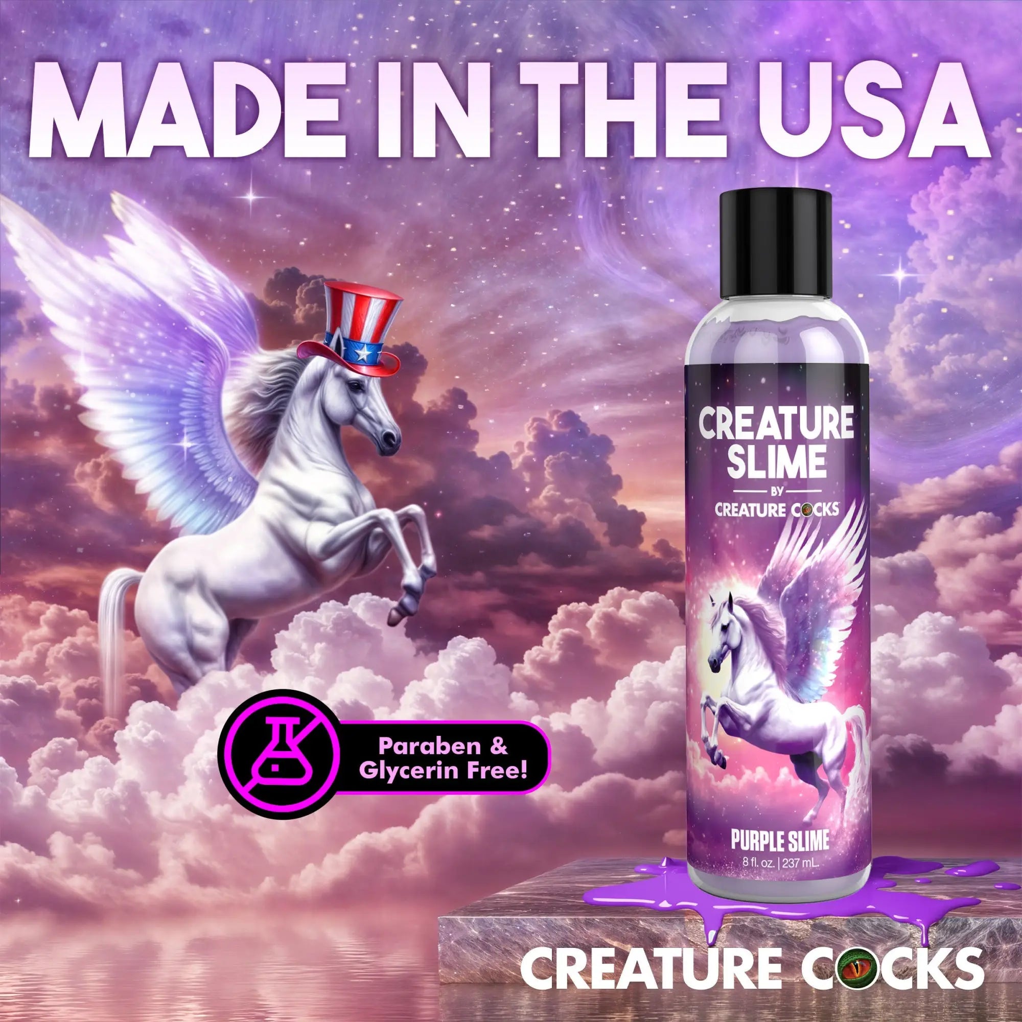 Creature Cocks Purple Creature Slime water-based lubricant bottle with Pegasus art against a purple space sky background.