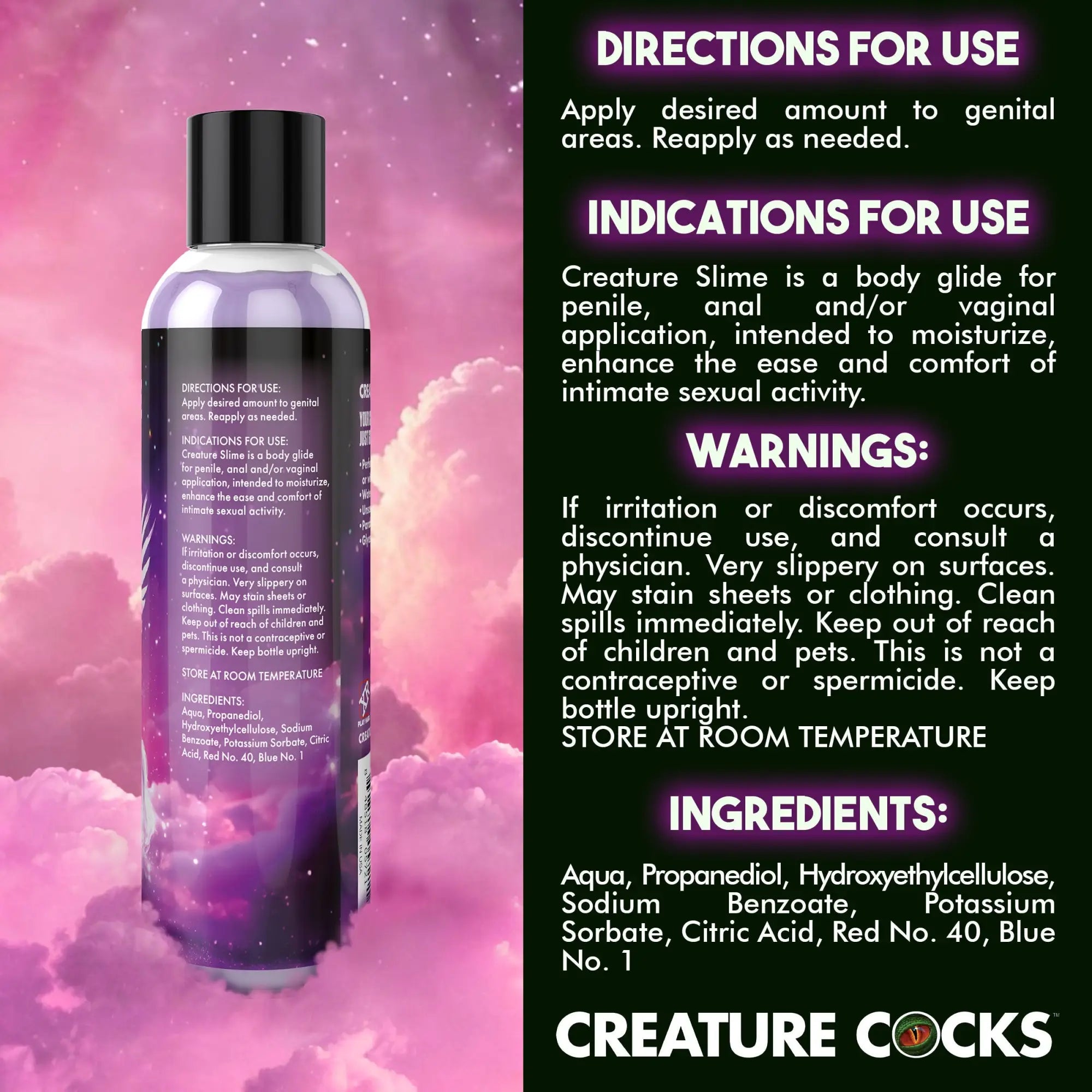 Creature Cocks Purple Creature Slime water-based lubricant in a black-capped bottle, set against a pink cloudy background.
