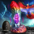 Creature Cocks Rainbow Phoenix dildo: textured, vibrant silicone toy with remote control against a phoenix background.