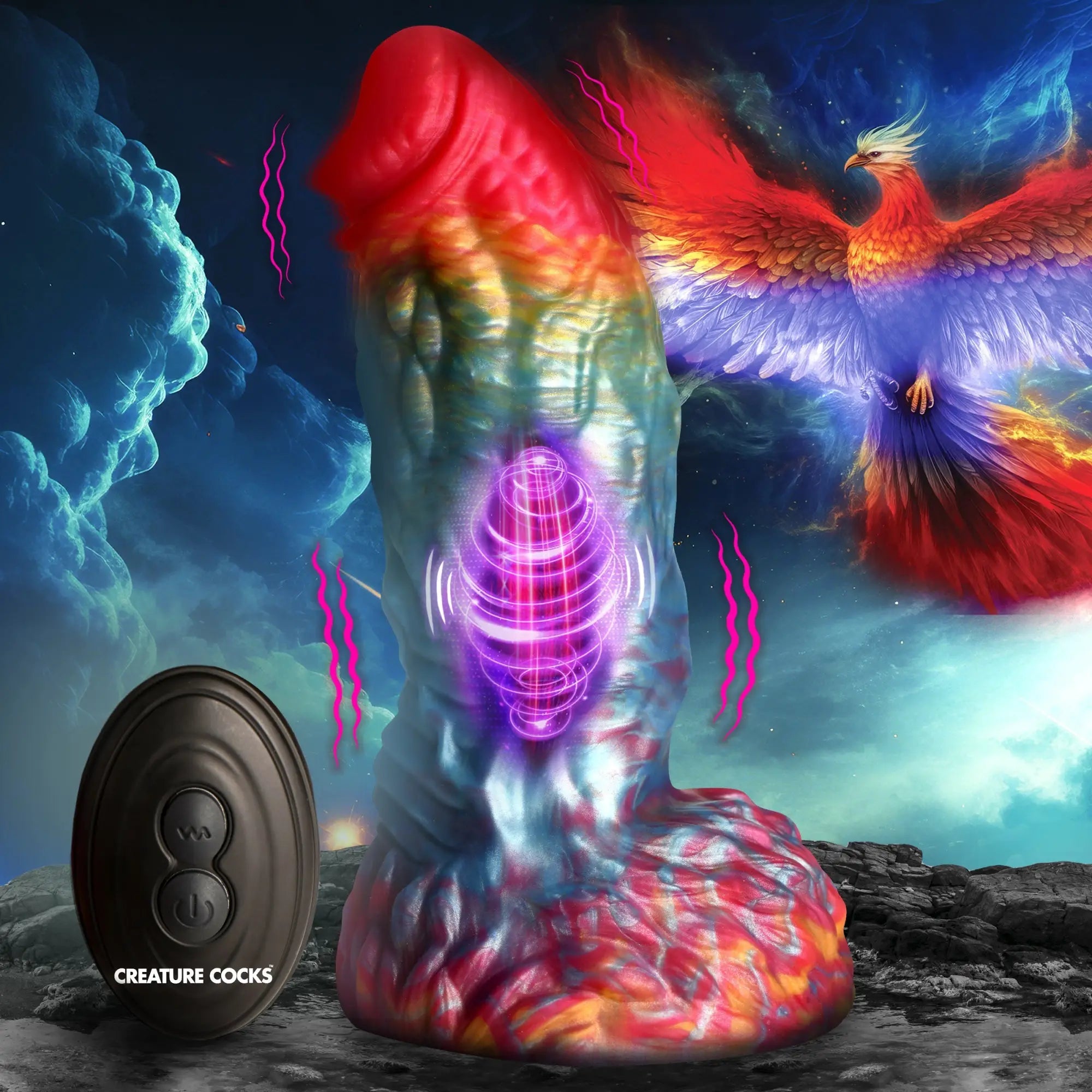 Creature Cocks Rainbow Phoenix dildo: textured, vibrant silicone toy with remote control against a phoenix background.