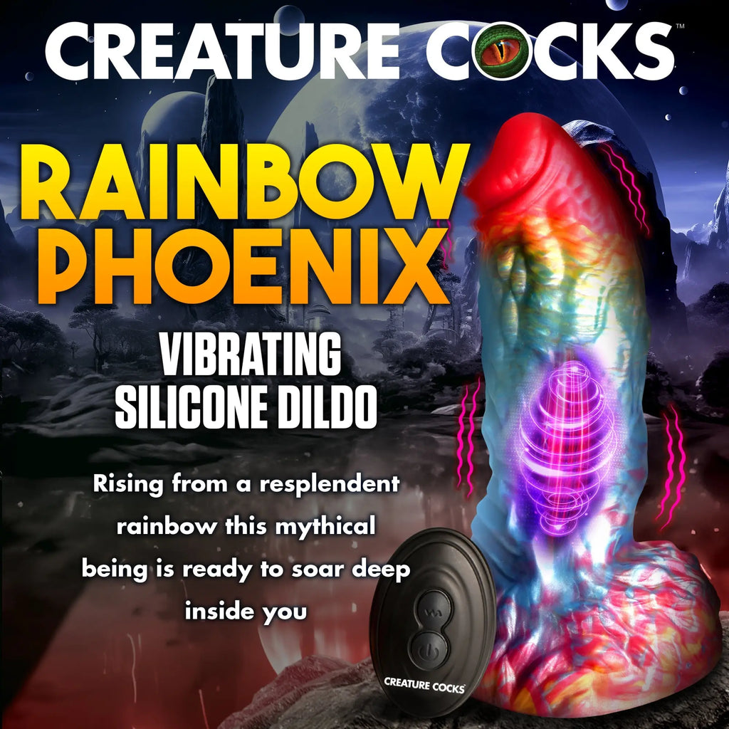 Creature Cocks Rainbow Phoenix: A textured, multi-colored silicone dildo with a black remote on a fantasy background.