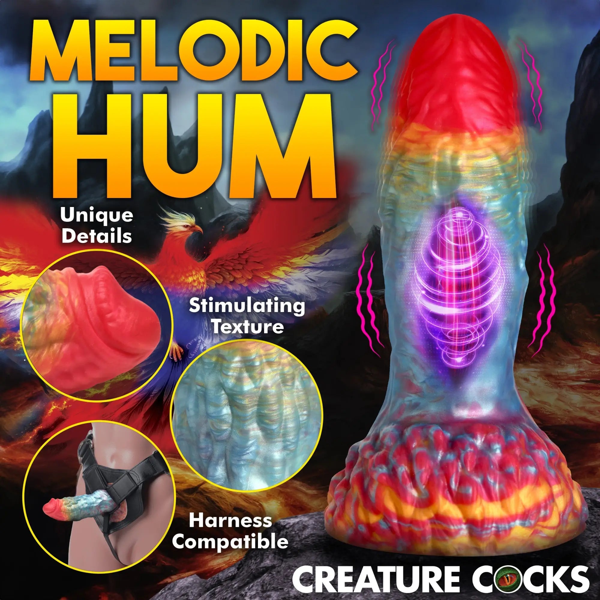 Creature Cocks Rainbow Phoenix vibrating silicone dildo with textured surface and harness compatibility in a fantasy theme.