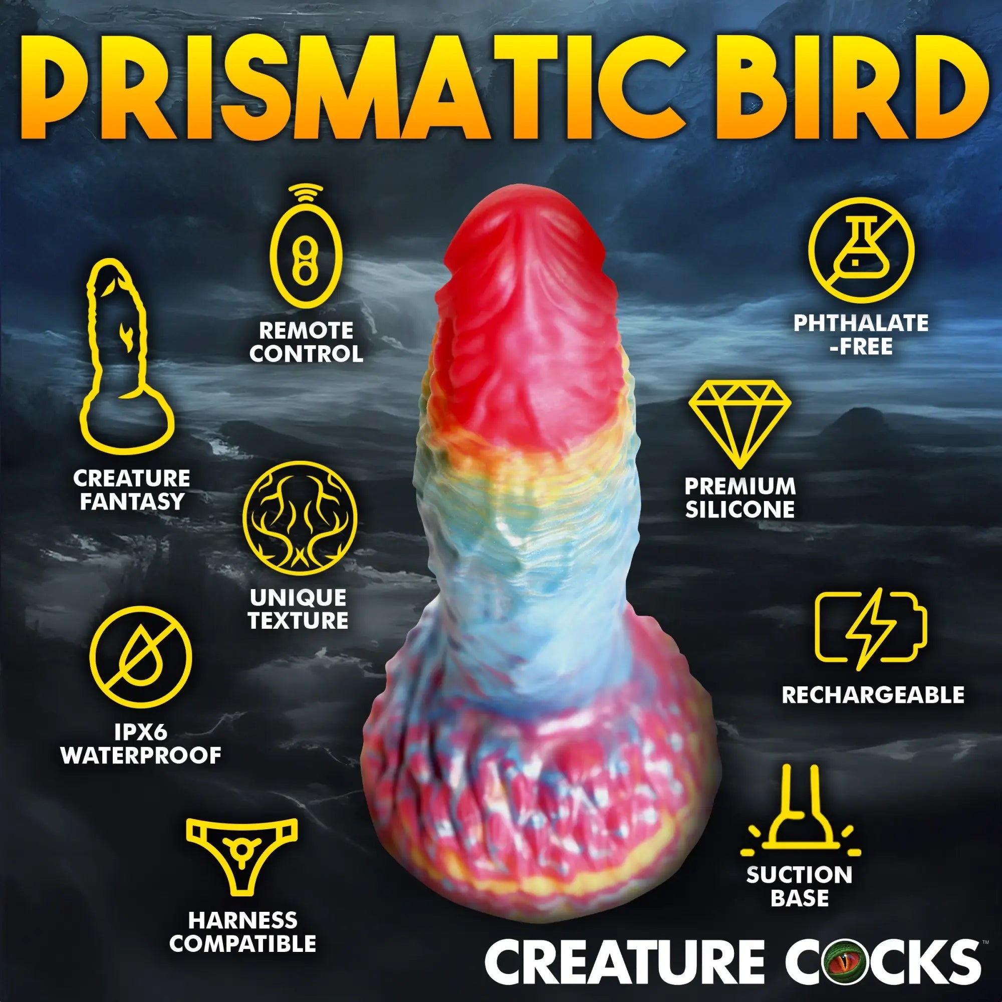 Creature Cocks Rainbow Phoenix: A textured, multi-colored fantasy silicone dildo with suction base and remote control.
