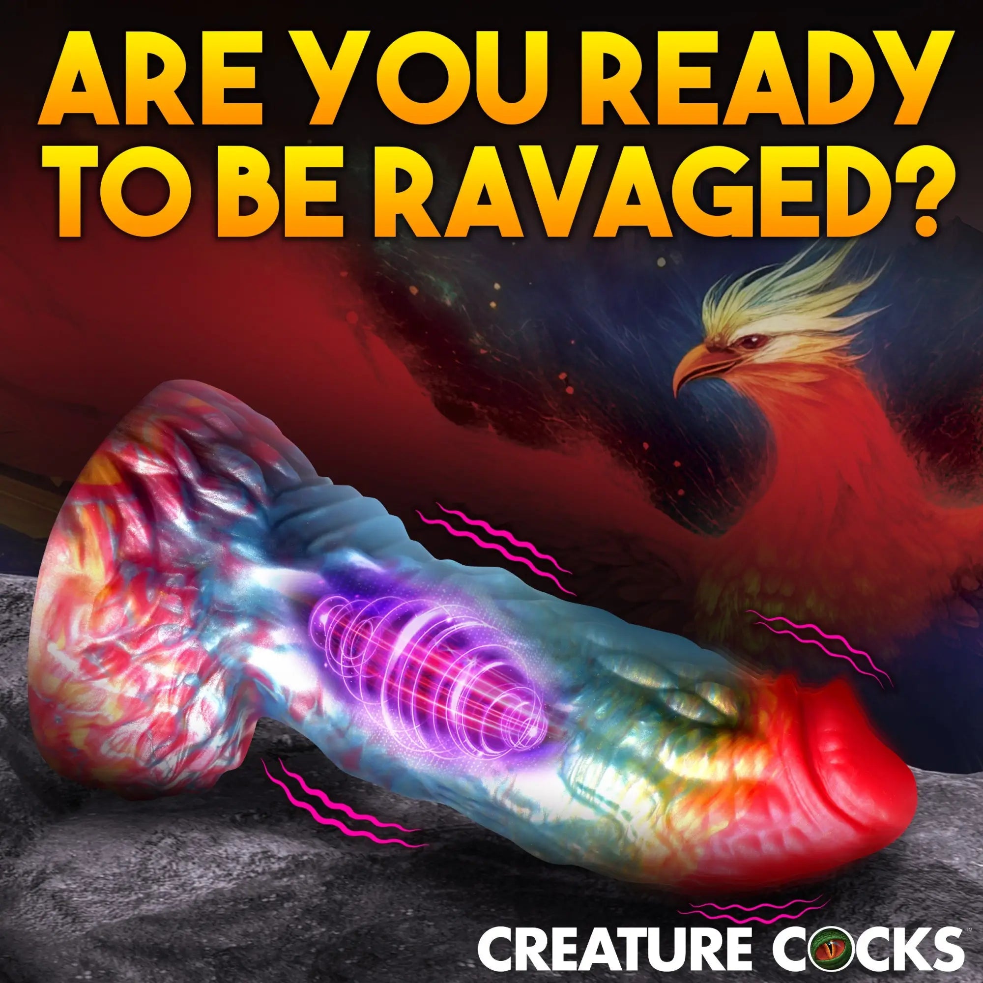 Creature Cocks Rainbow Phoenix vibrating silicone dildo with textured, colorful design and a fiery phoenix backdrop.