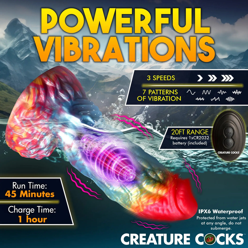 Creature Cocks Rainbow Phoenix vibrating silicone dildo with remote, featuring a colorful, textured design in water.