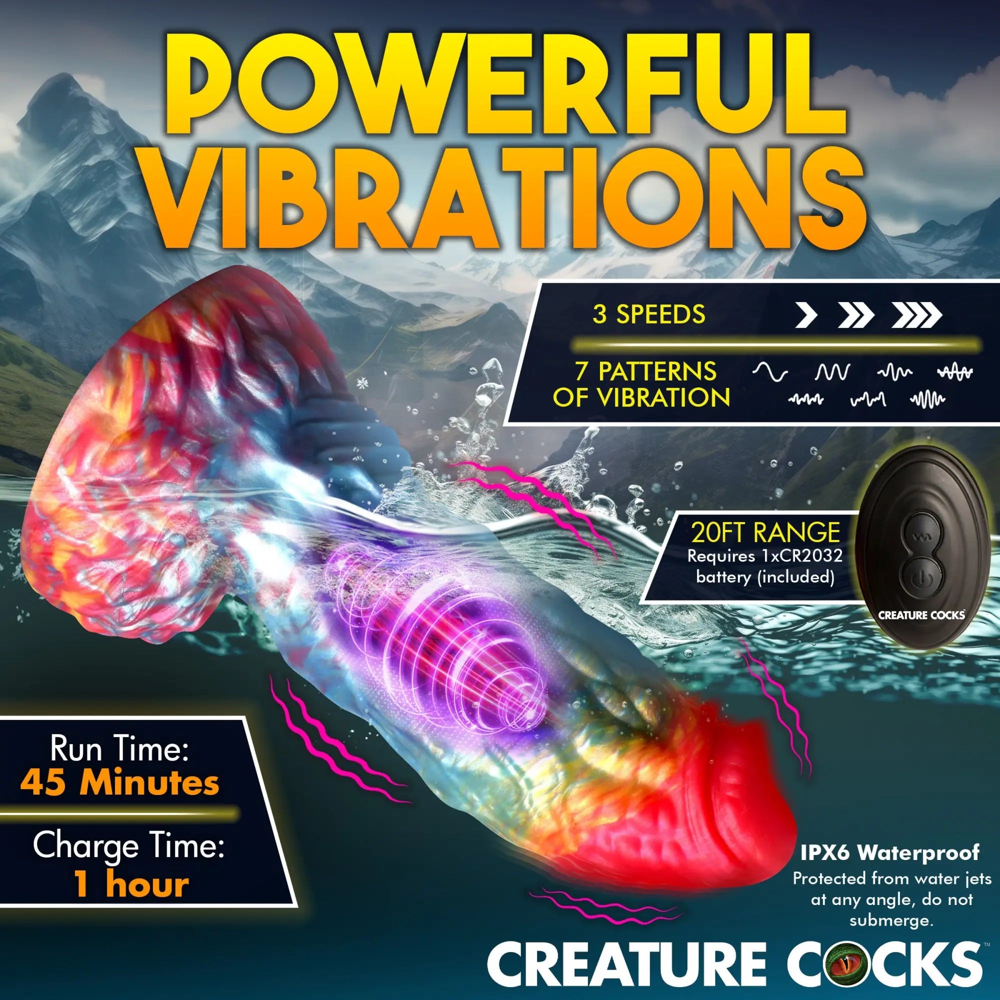 Creature Cocks Rainbow Phoenix vibrating silicone dildo with remote, featuring a colorful, textured design in water.