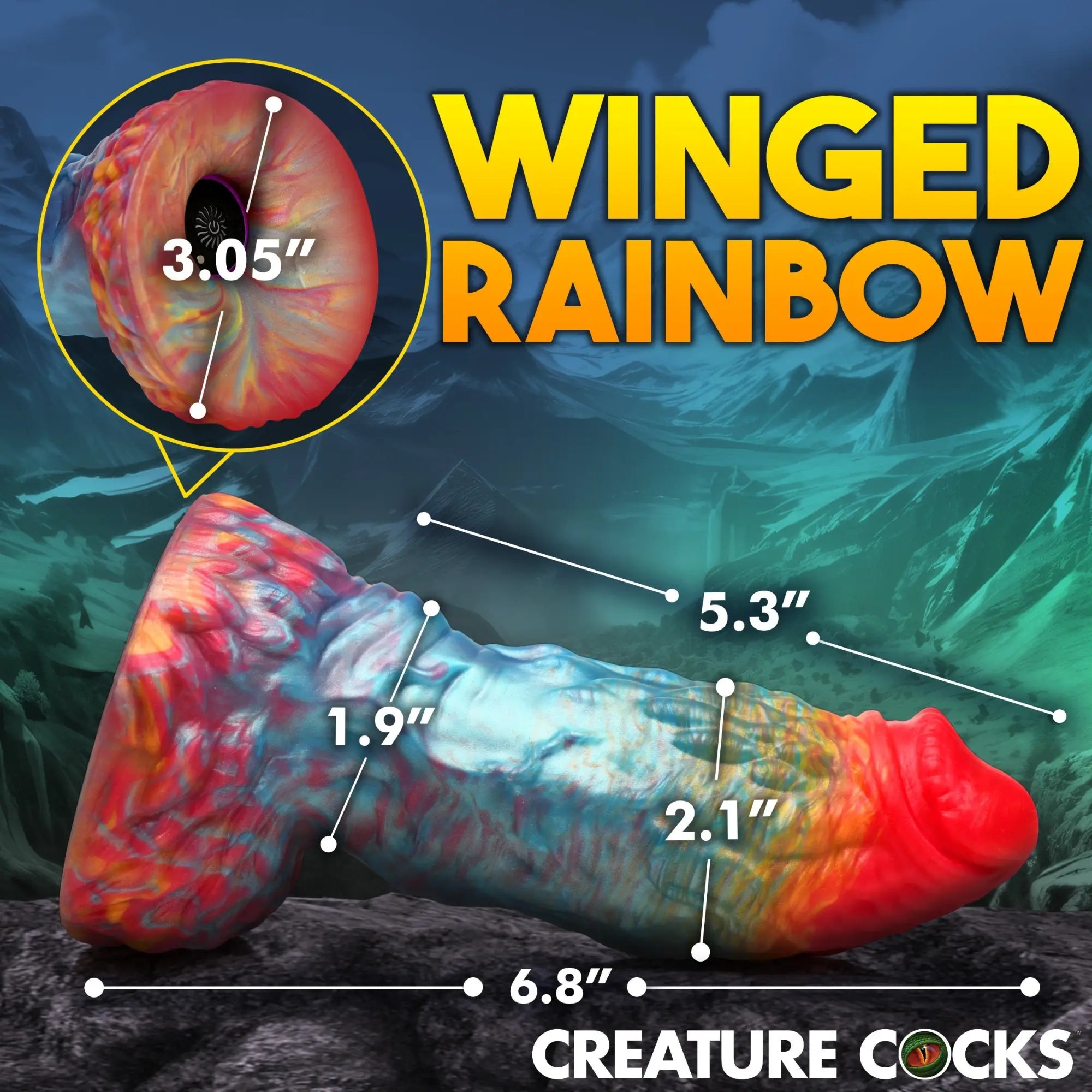 Creature Cocks Rainbow Phoenix vibrating silicone dildo with textured, multi-colored finish and measurement callouts.