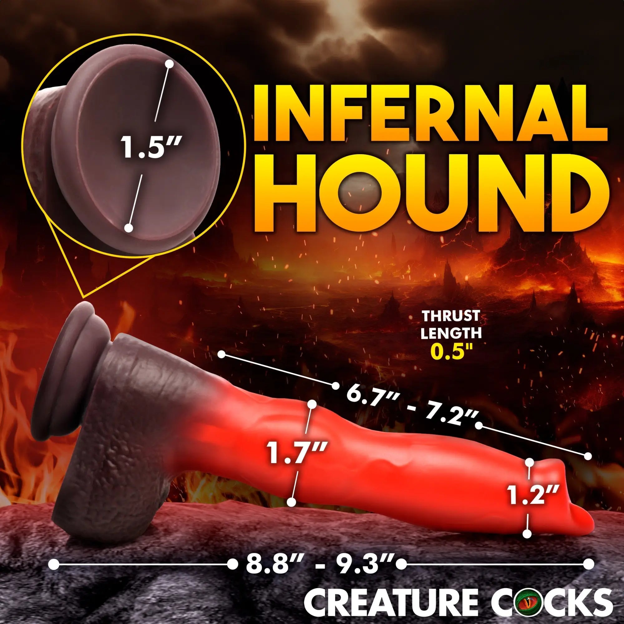 Creature Cocks Infernal Hound: A red and brown textured silicone thrusting dildo shown with size specifications.
