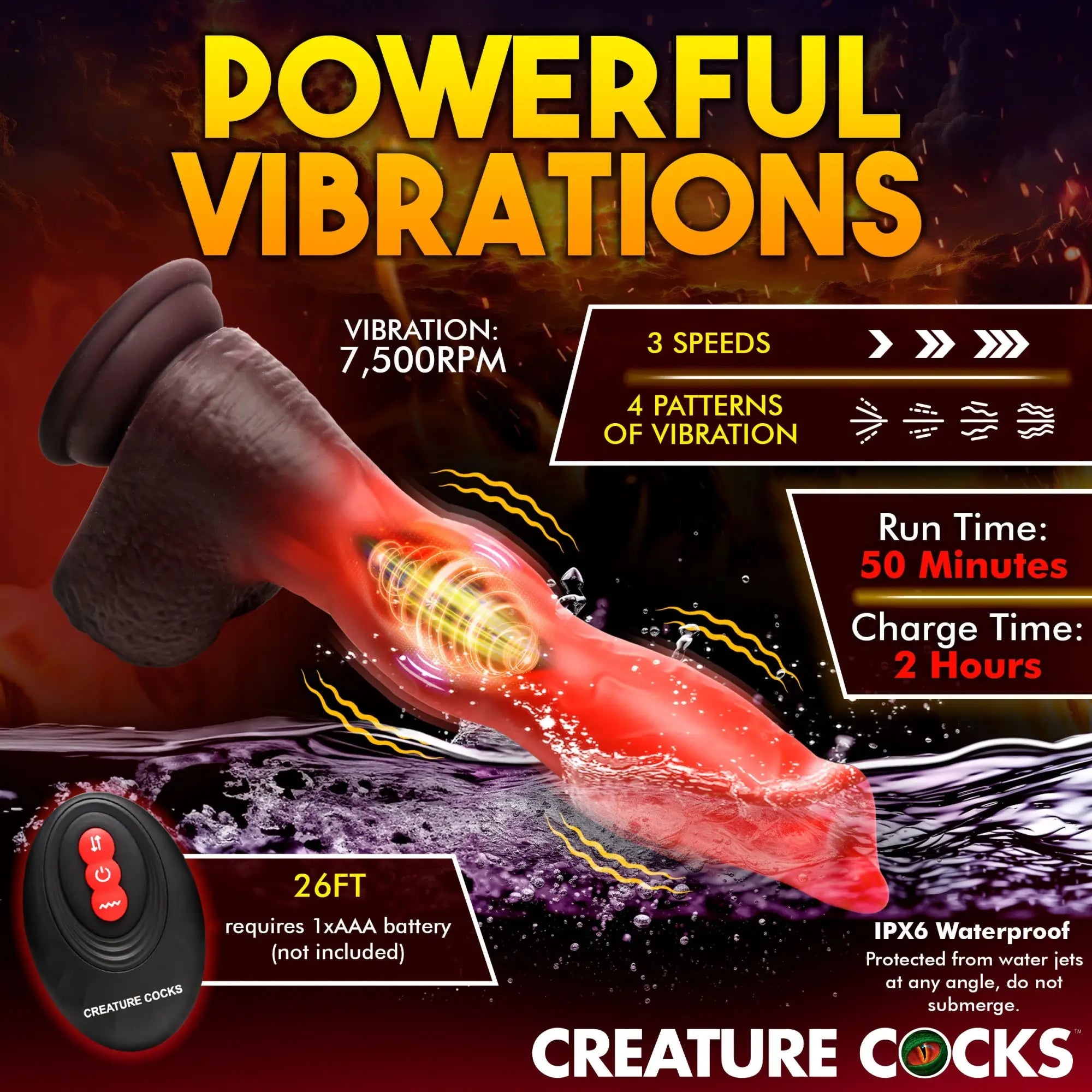 Creature Cocks Ramming Hound brown and red textured silicone vibrating dildo with remote control on a fiery background.