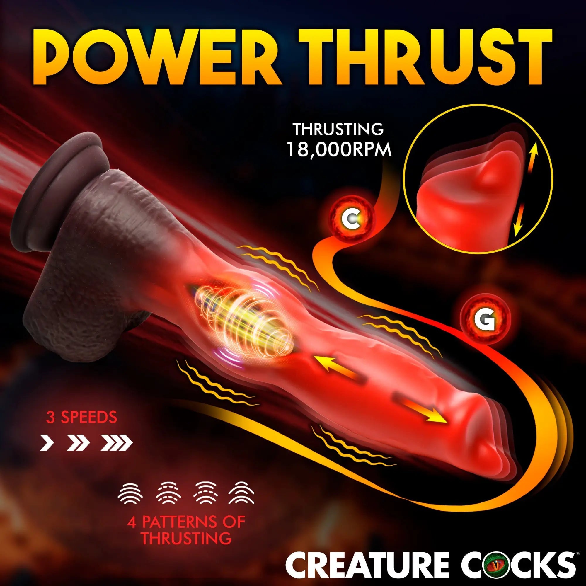 Creature Cocks Ramming Hound red silicone dildo with suction base, showing thrusting motion and vibrating internal core.