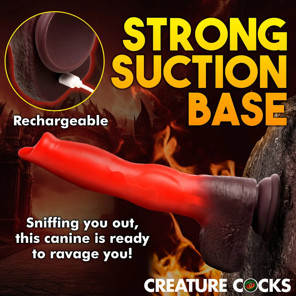Creature Cocks Ramming Hound dildo: red and dark brown silicone canine-style toy with a suction base and charging port.