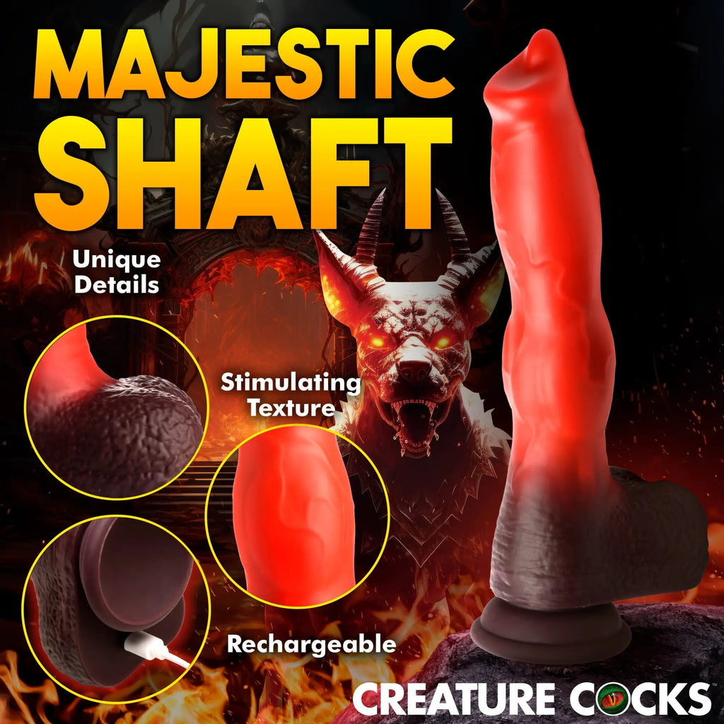 Creature Cocks Ramming Hound red and black silicone dildo with textured shaft, suction base, and charging port.