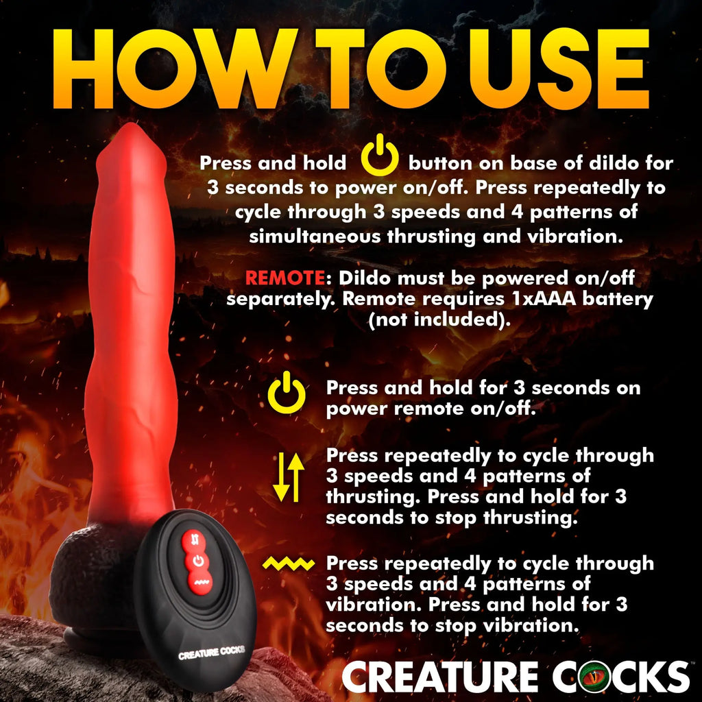 Creature Cocks Ramming Hound red silicone dildo with black base and remote, shown with text instructions on a fire background.