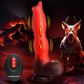 Creature Cocks Ramming Hound red silicone dildo with suction base, vibrating action, and remote against a volcanic backdrop.