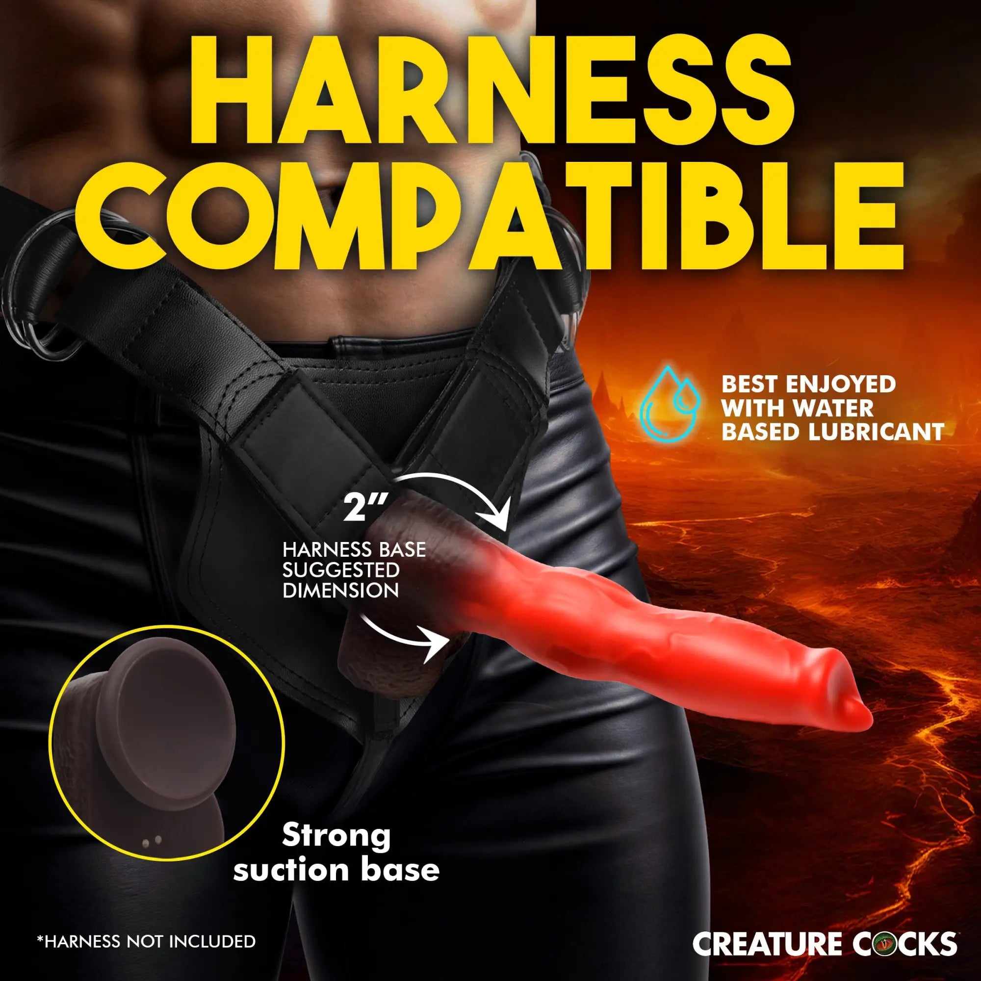 Creature Cocks Ramming Hound red and black vibrating silicone dildo with a suction base, shown in a harness.