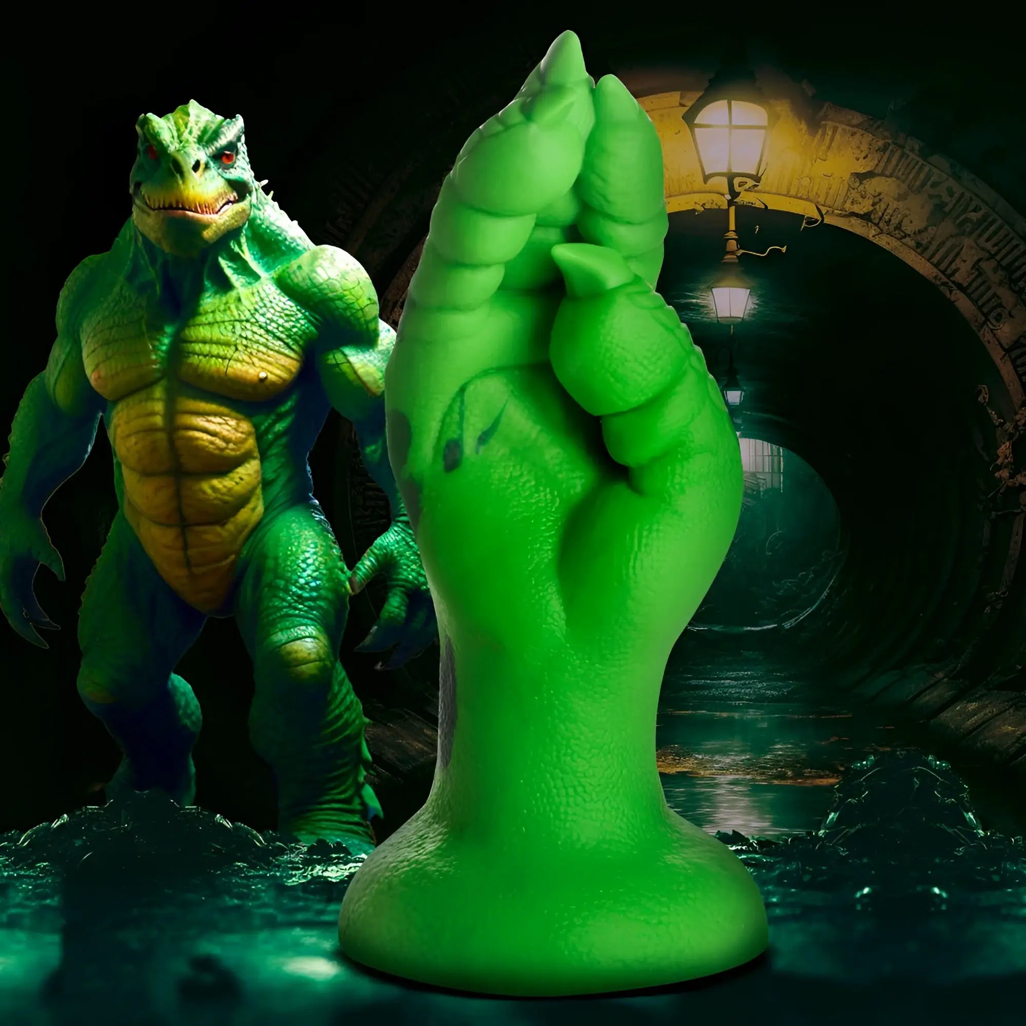 A bright green, textured silicone toy shaped like a stylized lizard claw with a flared base, set against a dark sewer.