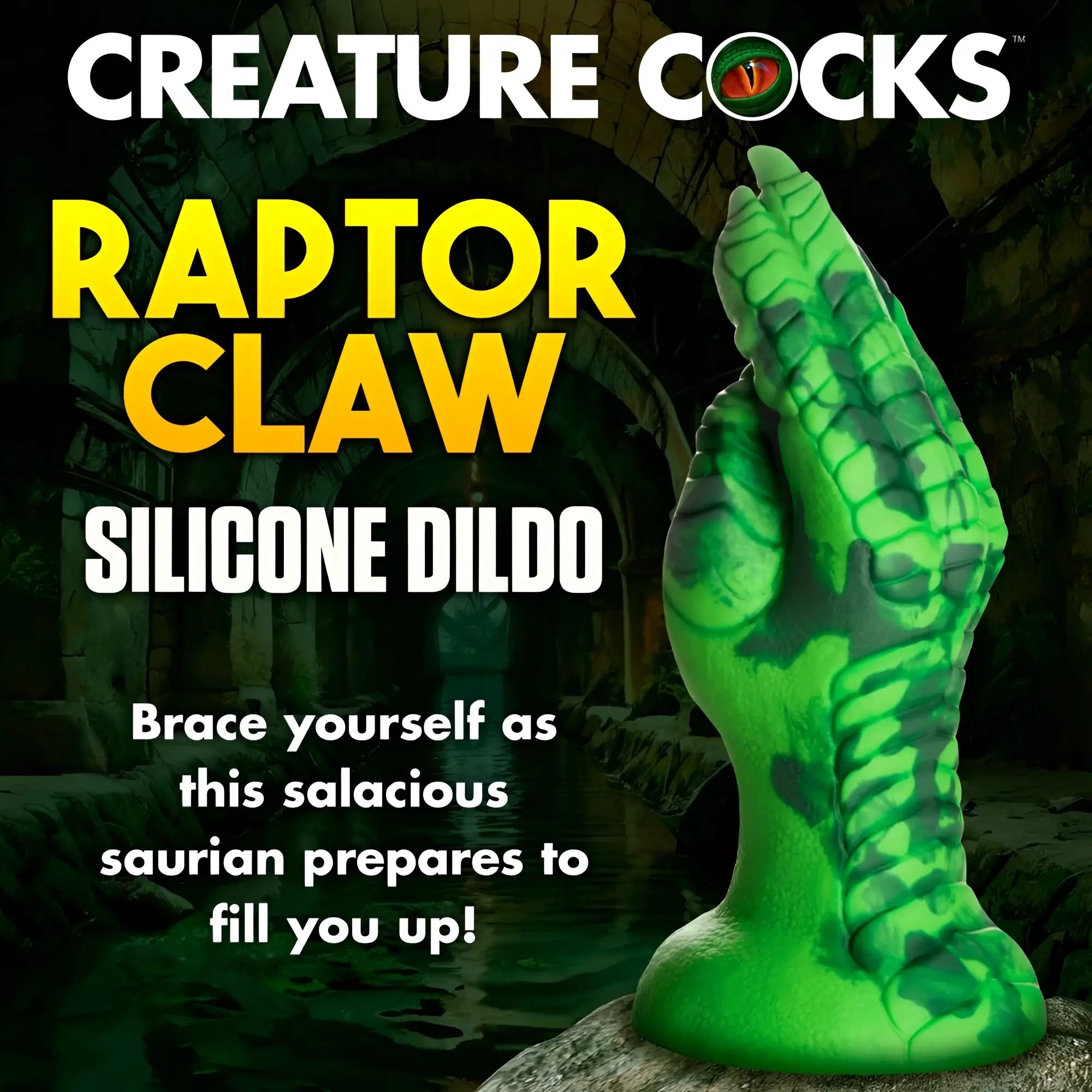 Creature Cocks Raptor Claw fisting dildo in bright green and dark green camouflage-style silicone.