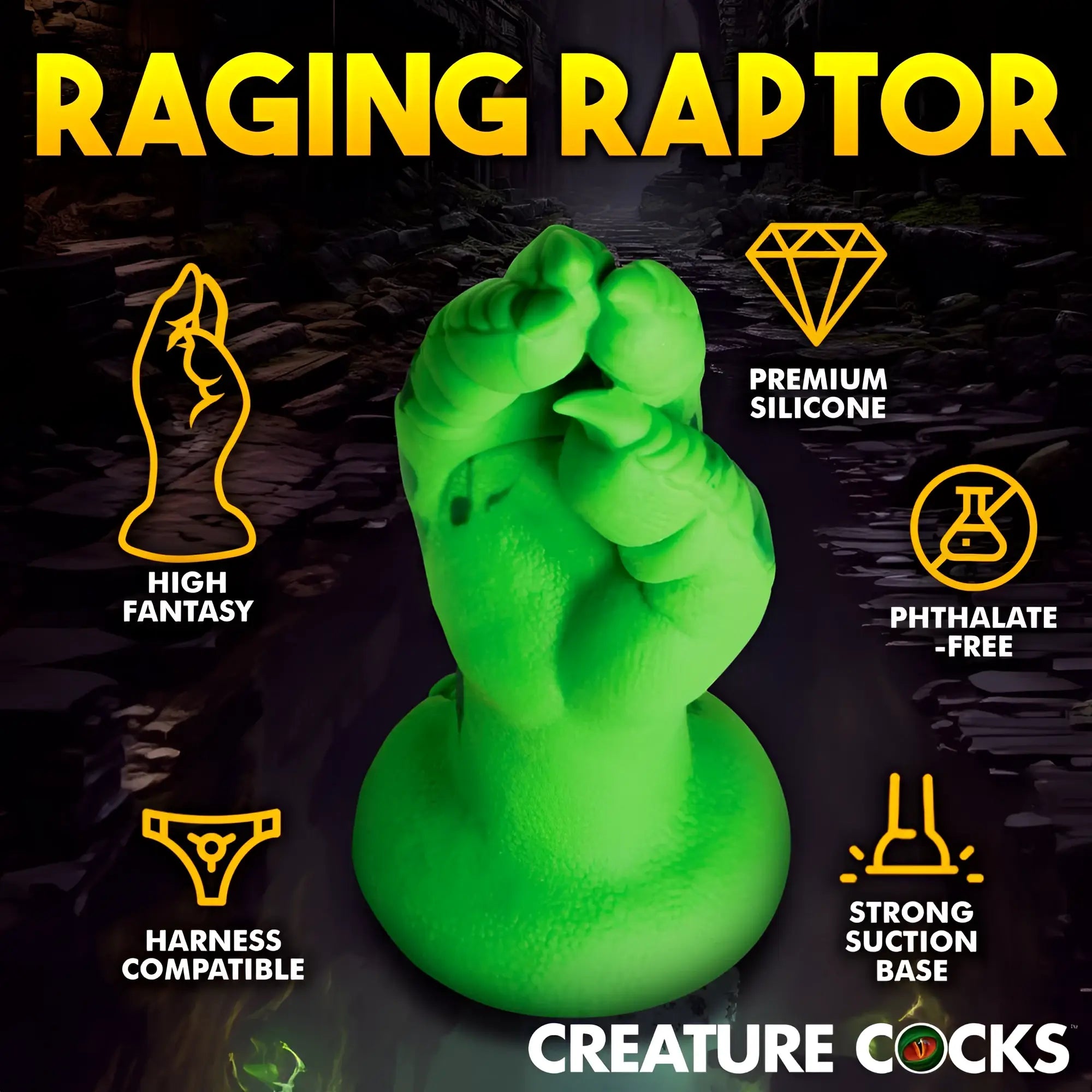 Bright green Creature Cocks Raptor Claw fisting silicone dildo with a textured surface and a suction cup base.