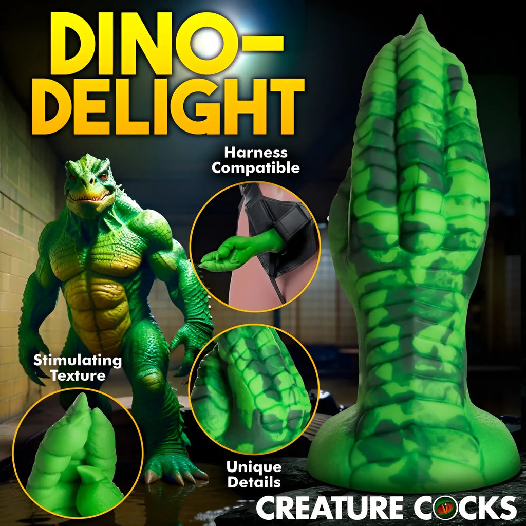 Green textured silicone dildo shaped like a dinosaur tail, shown with harness and detail close-ups.