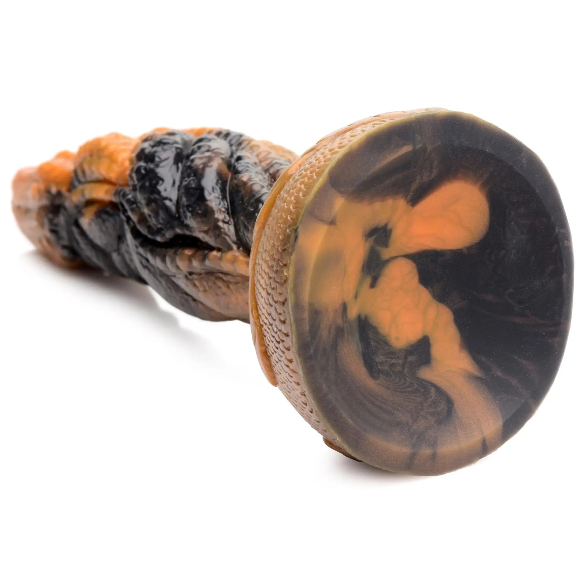 Creature Cocks Ravager rippled tentacle dildo in swirled orange and black silicone with a textured suction cup base.