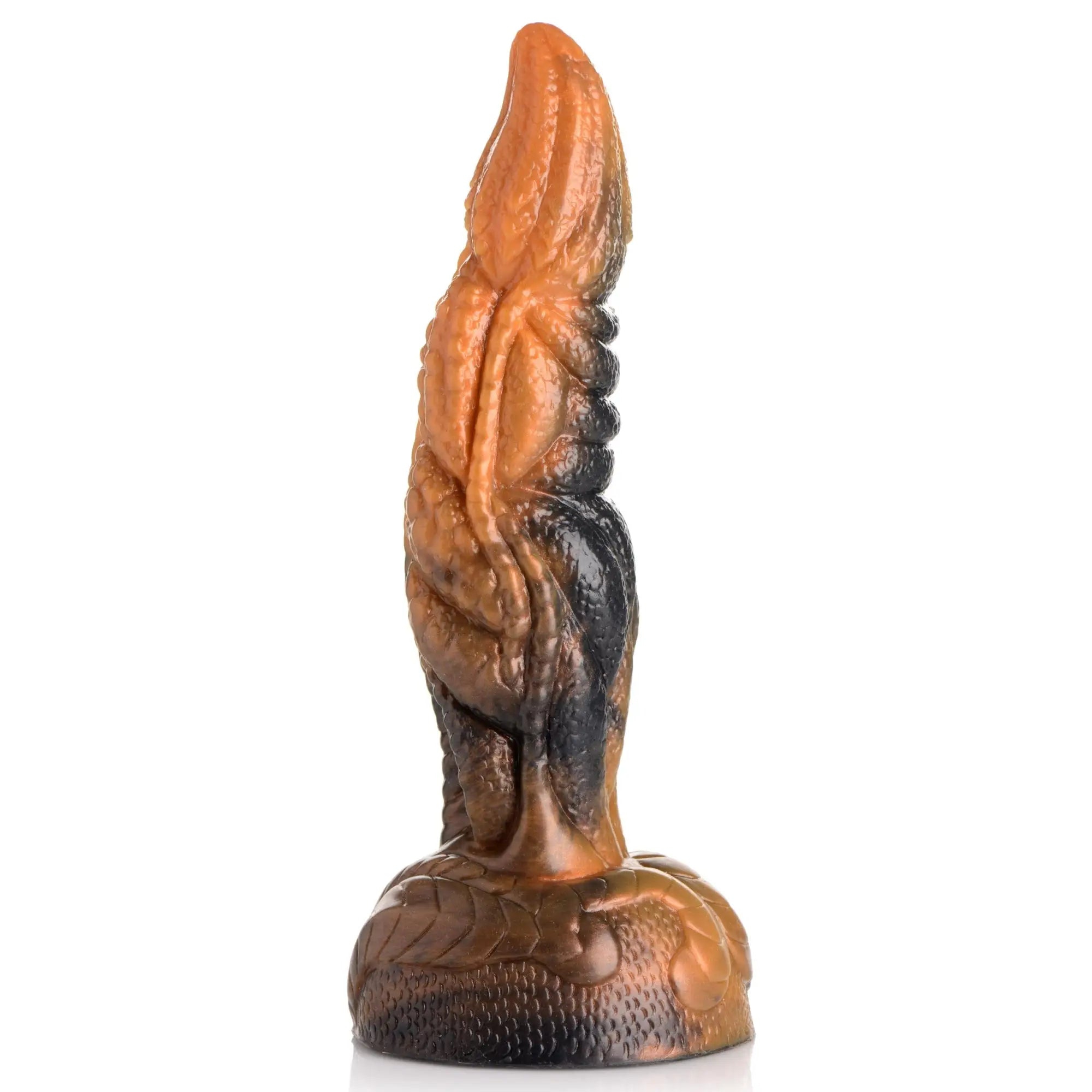 Creature Cocks Ravager silicone dildo: a curved, tentacle-style toy in a marbled orange and black, rippled texture.
